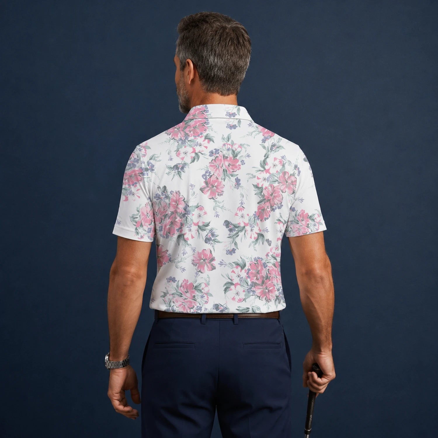 Personalised White Pink Floral Leaf Golf Polo Shirt For Men H5152