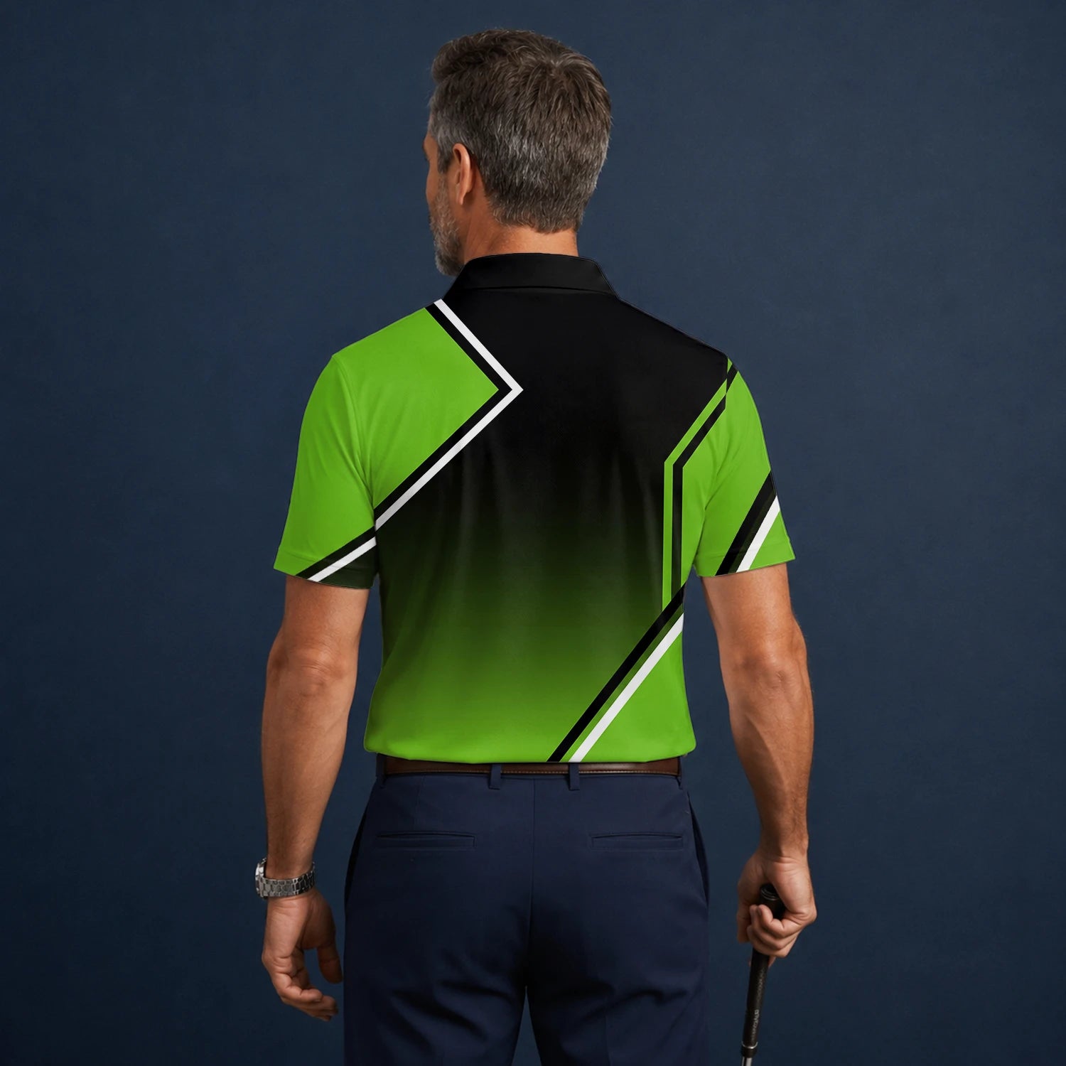 Personalised Black Green Geometric Stripe Golf Polo Shirt For Men V2638