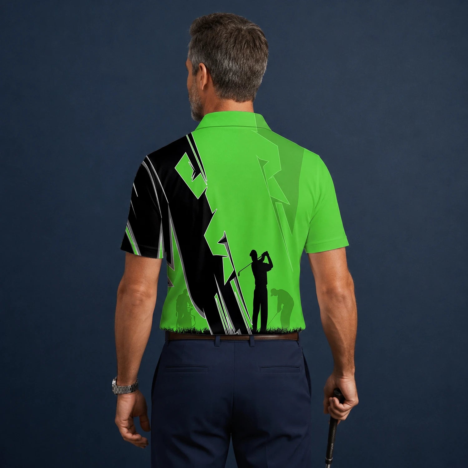 Personalised Lime Green Golfer Silhouette Lightning Golf Polo Shirt For Men V5316