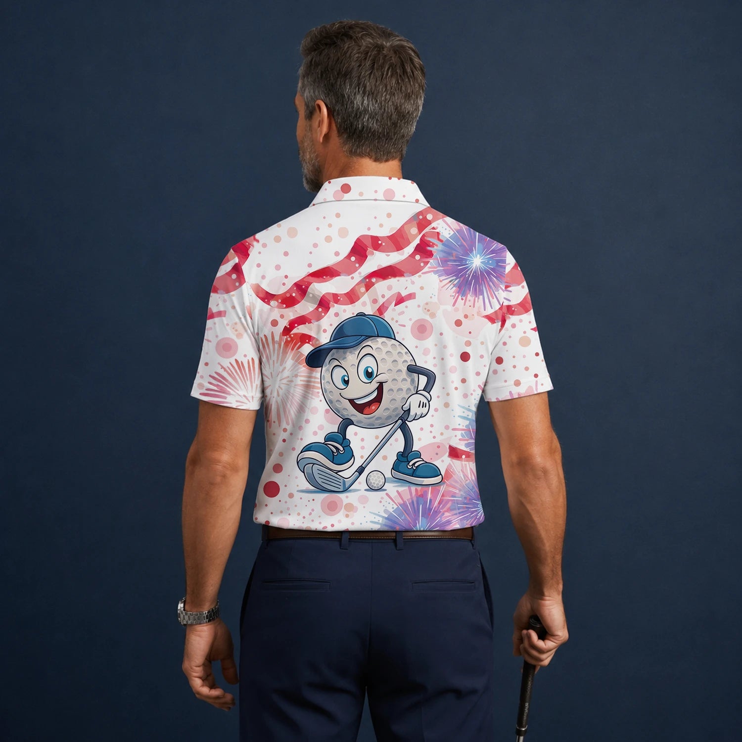 Personalised White Pink Golf Ball Cartoon Firework Golf Polo Shirt For Men C2083