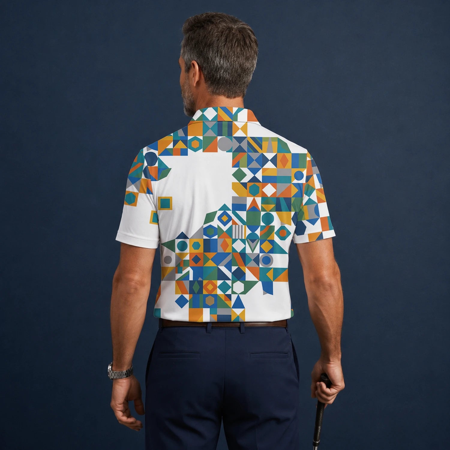 Personalised White Teal Orange Geometric Patchwork Golf Polo Shirt For Men K5362