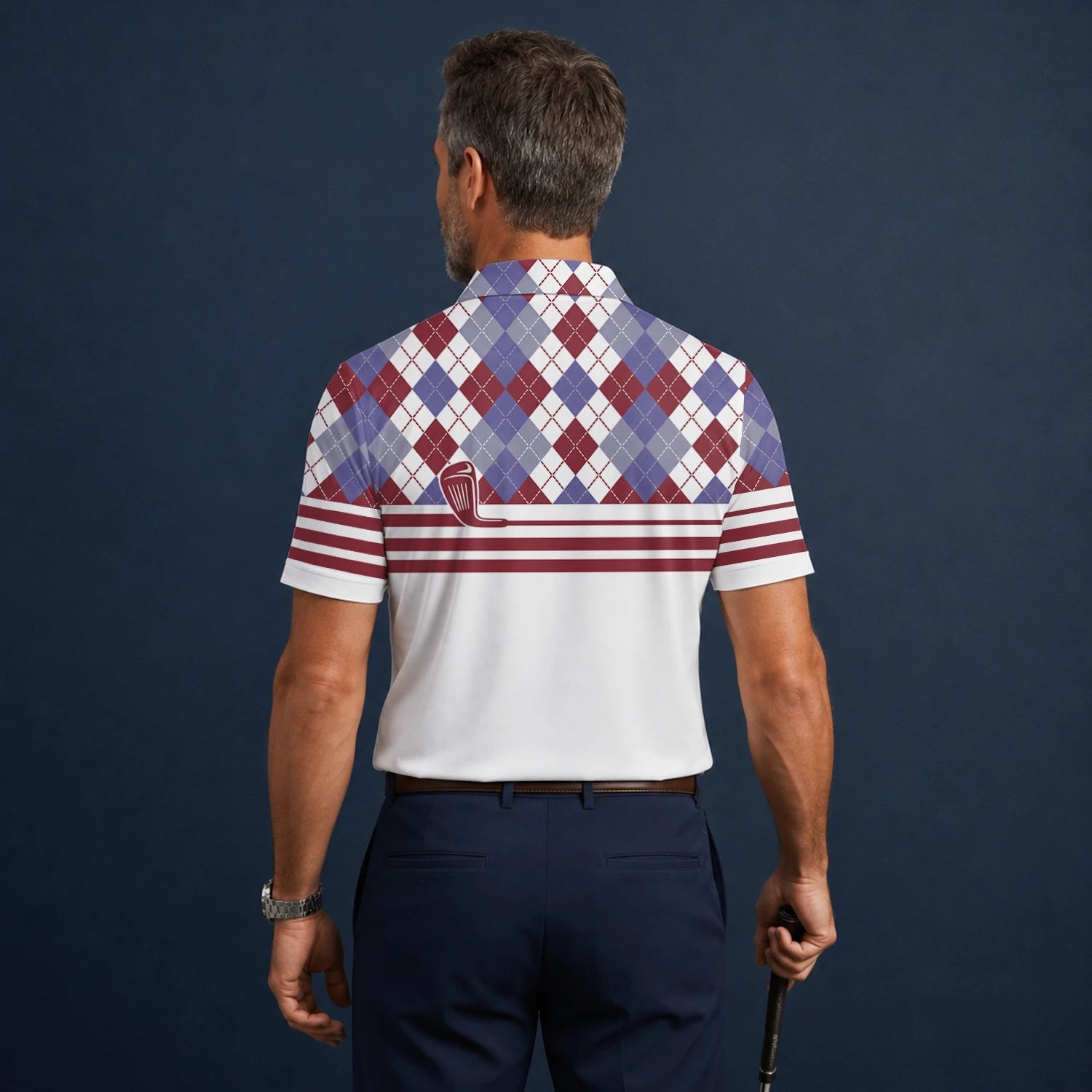 Personalised White Burgundy Argyle Golf Club Stripe Golf Polo Shirt For Men K9019