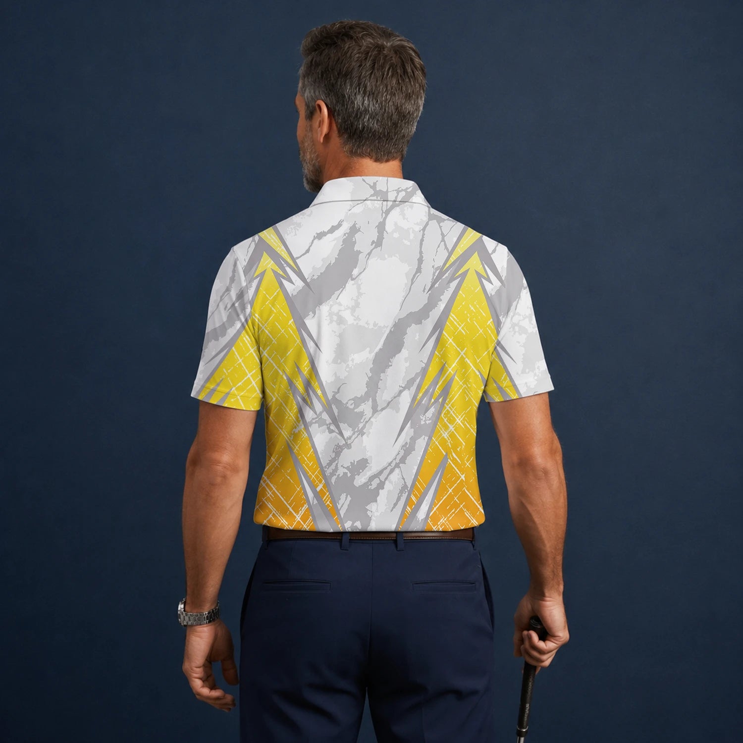 Personalised White Grey Yellow Marble Stripe Golf Polo Shirt For Men T6326