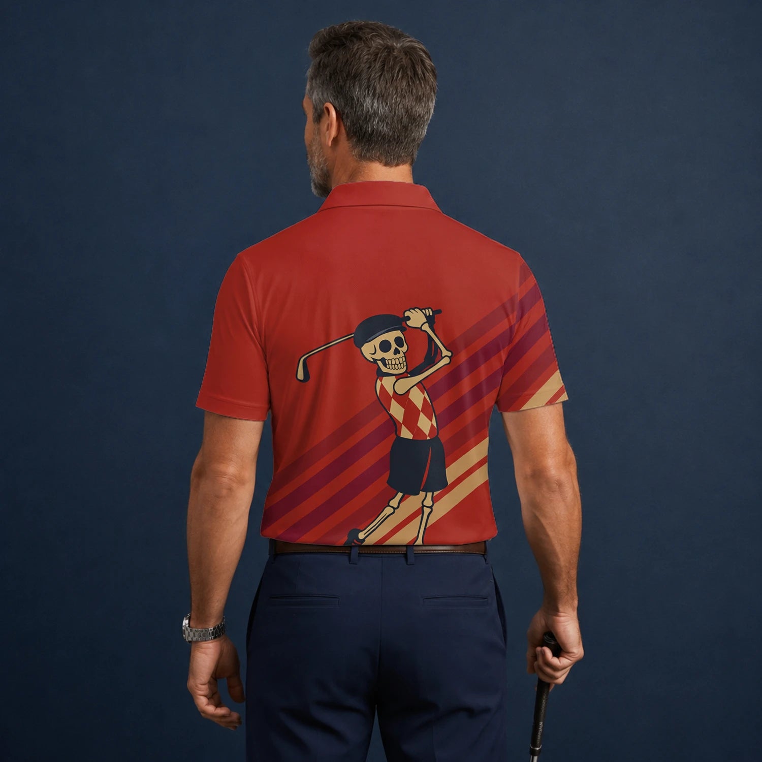 Personalised Red Skeleton Golfer Cartoon Golf Polo Shirt For Men F3648