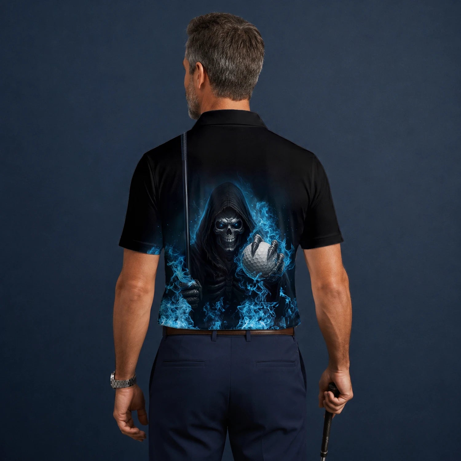 Personalised Black Blue Skull Golf Ball Lightning Golf Polo Shirt For Men N0793