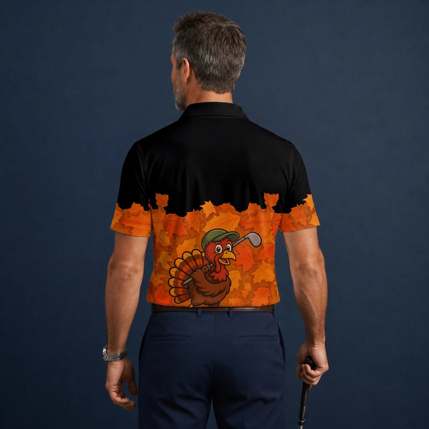 Personalised Black Orange Thanksgiving Turkey Golfer Golf Polo Shirt For Men W0964