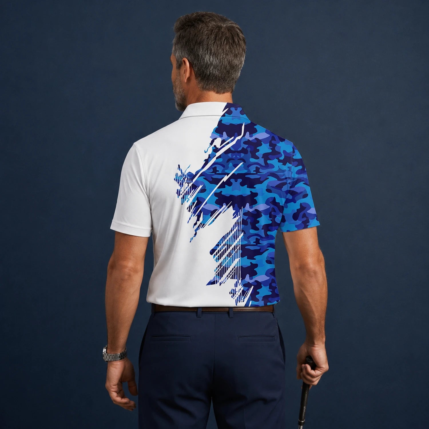 Personalised White Blue Camo Brush Stroke Golf Polo Shirt For Men M3845