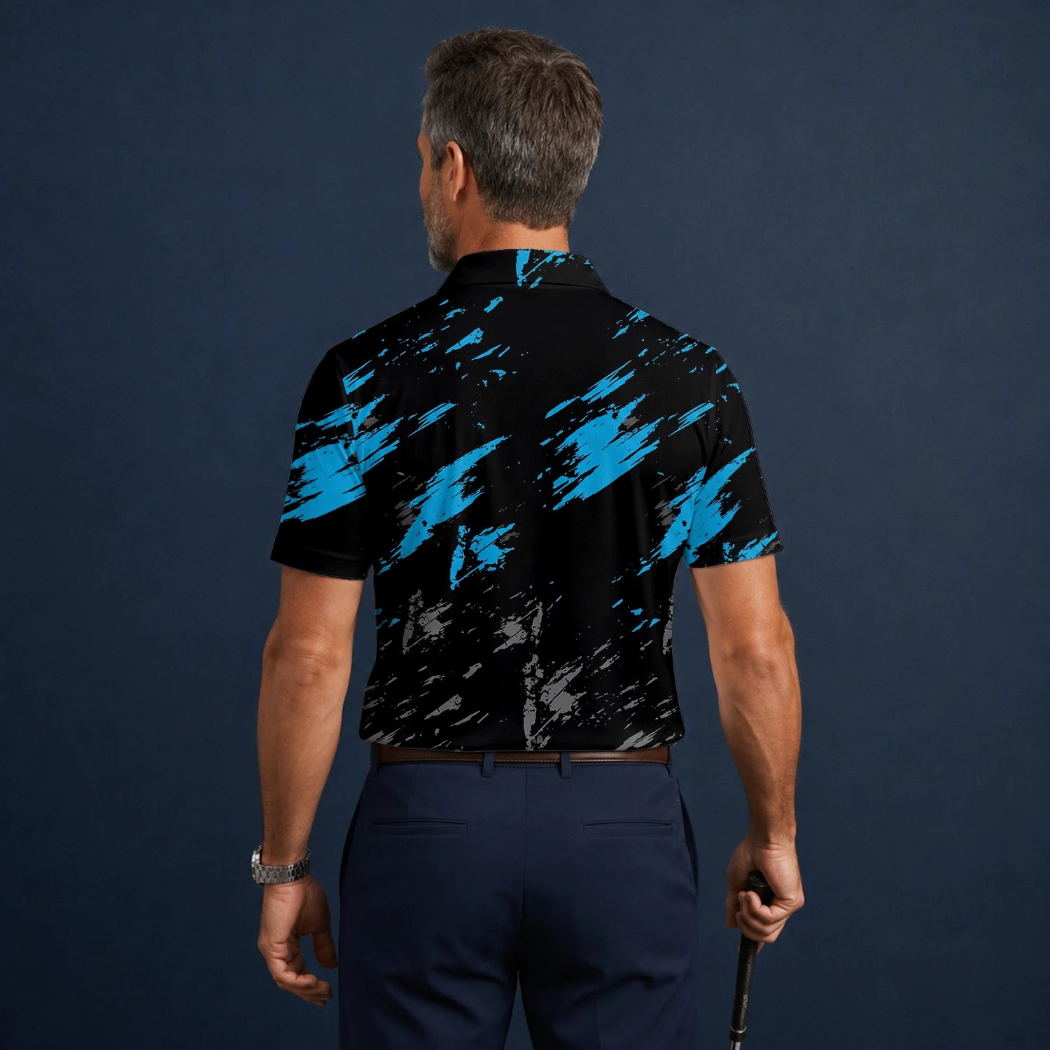 Personalised Black Blue Brush Stroke Golf Polo Shirt For Men H3779