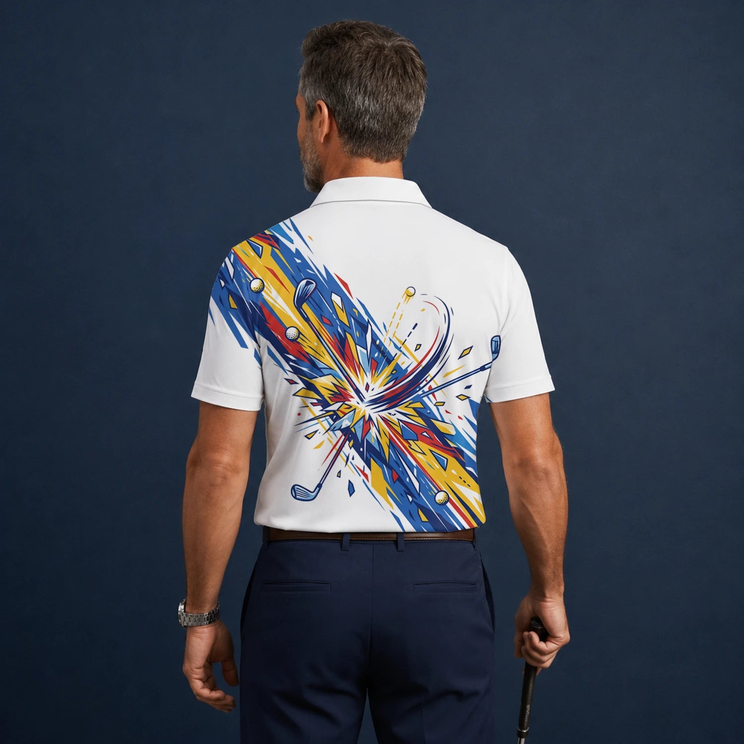 Personalised White Blue Abstract Golf Swing Burst Golf Polo Shirt For Men B2869
