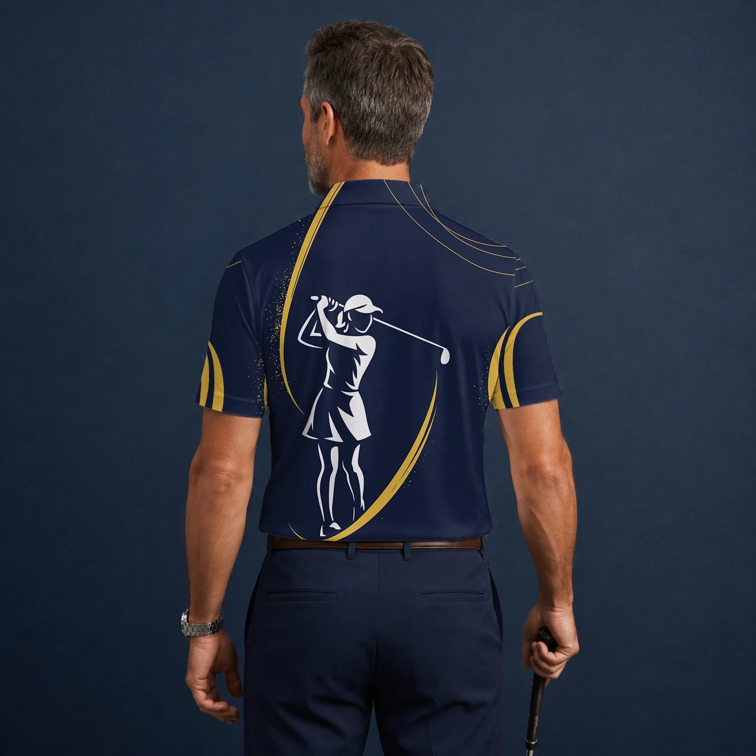 Personalised Navy Gold Golfer Silhouette Golf Polo Shirt For Men K0906
