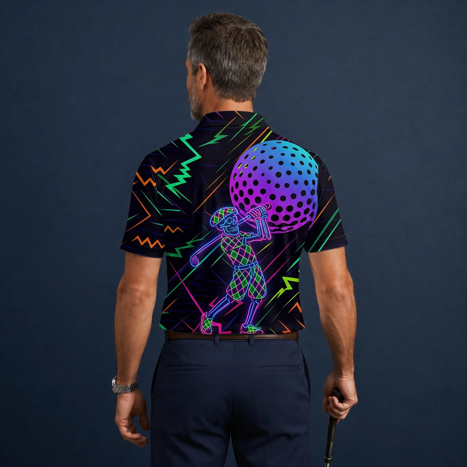 Personalised Black Neon Golfer Wireframe Golf Polo Shirt For Men L1481
