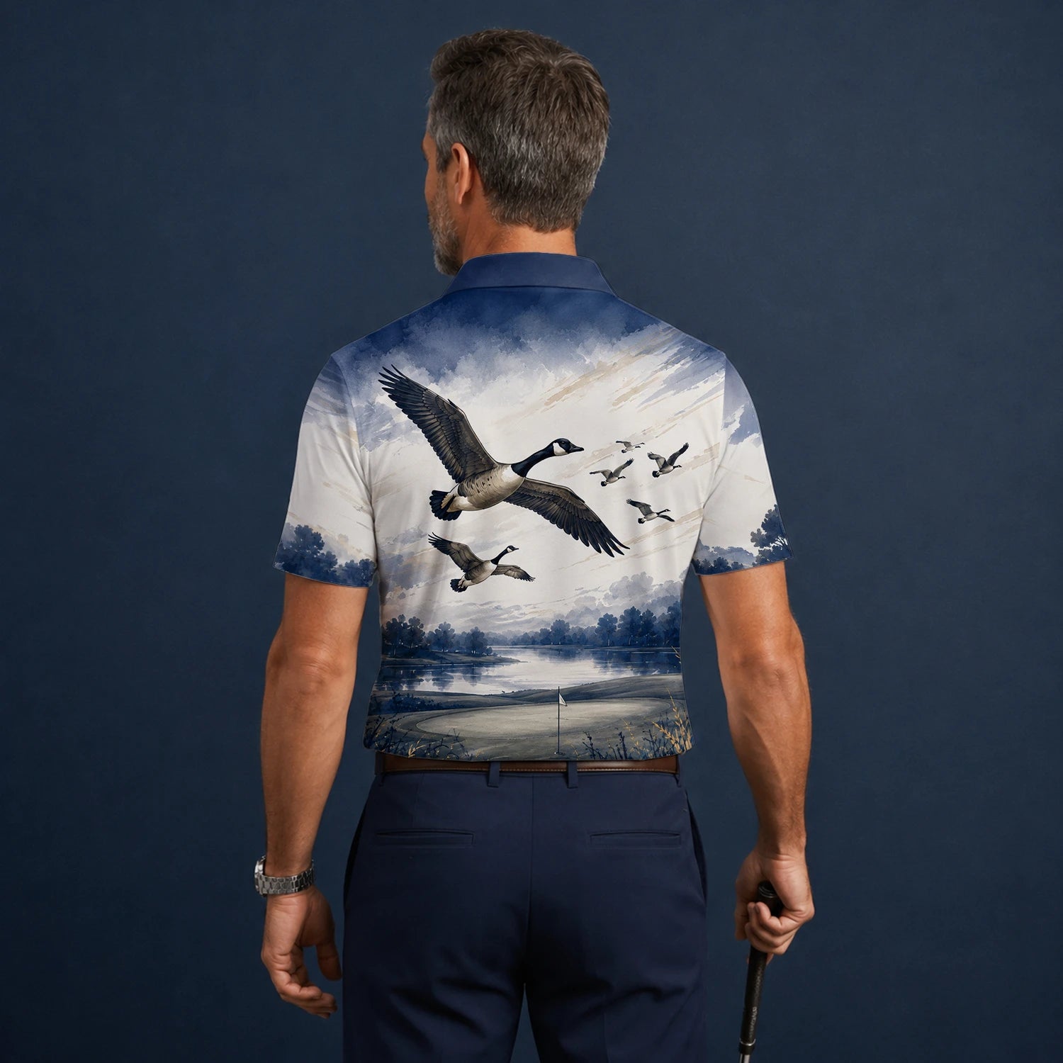 Personalised Dark Navy Watercolour Canada Geese Golf Polo Shirt For Men L8594
