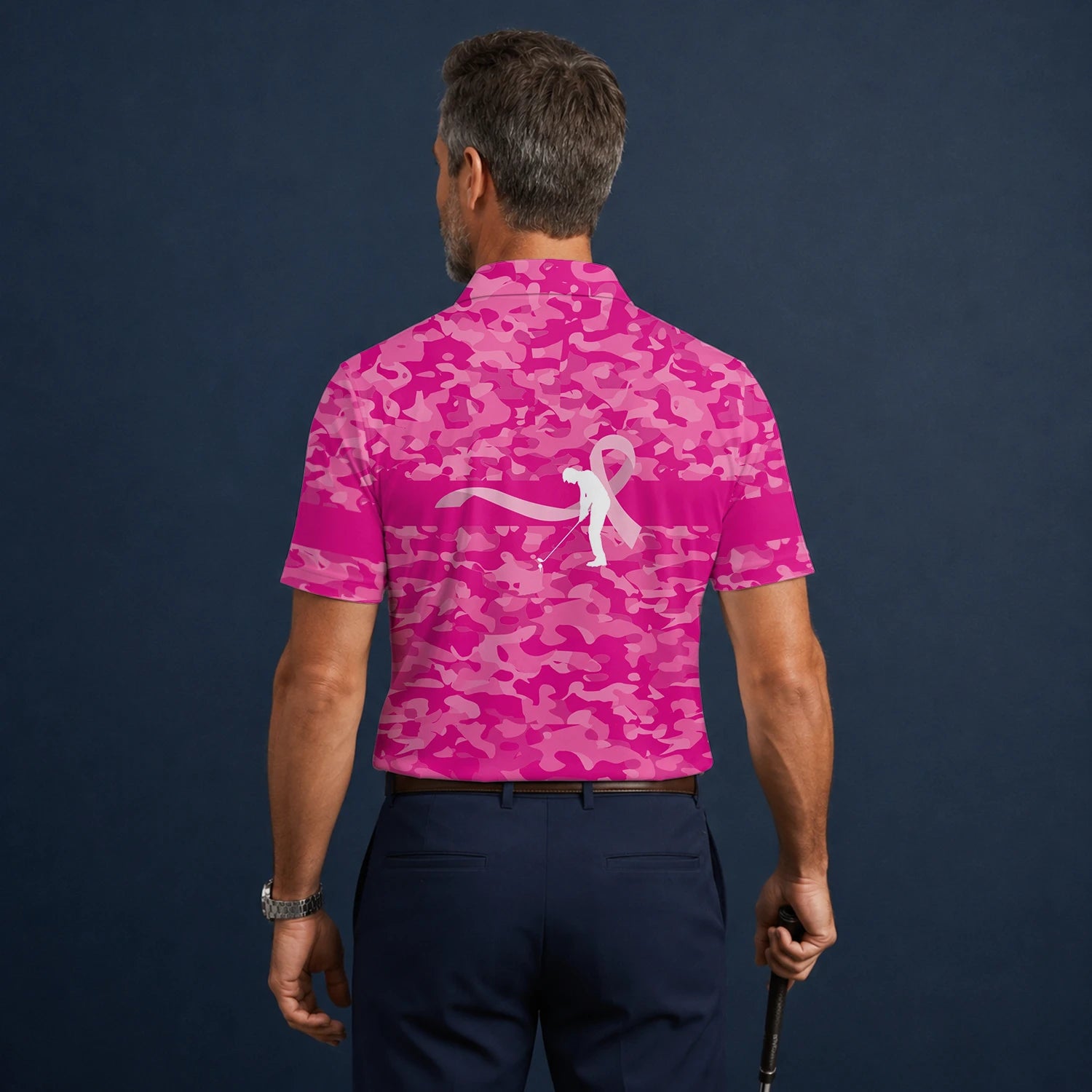Personalised Pink Camo Breast Cancer Awareness Ribbon Golfer Golf Polo Shirt For Men Z3179