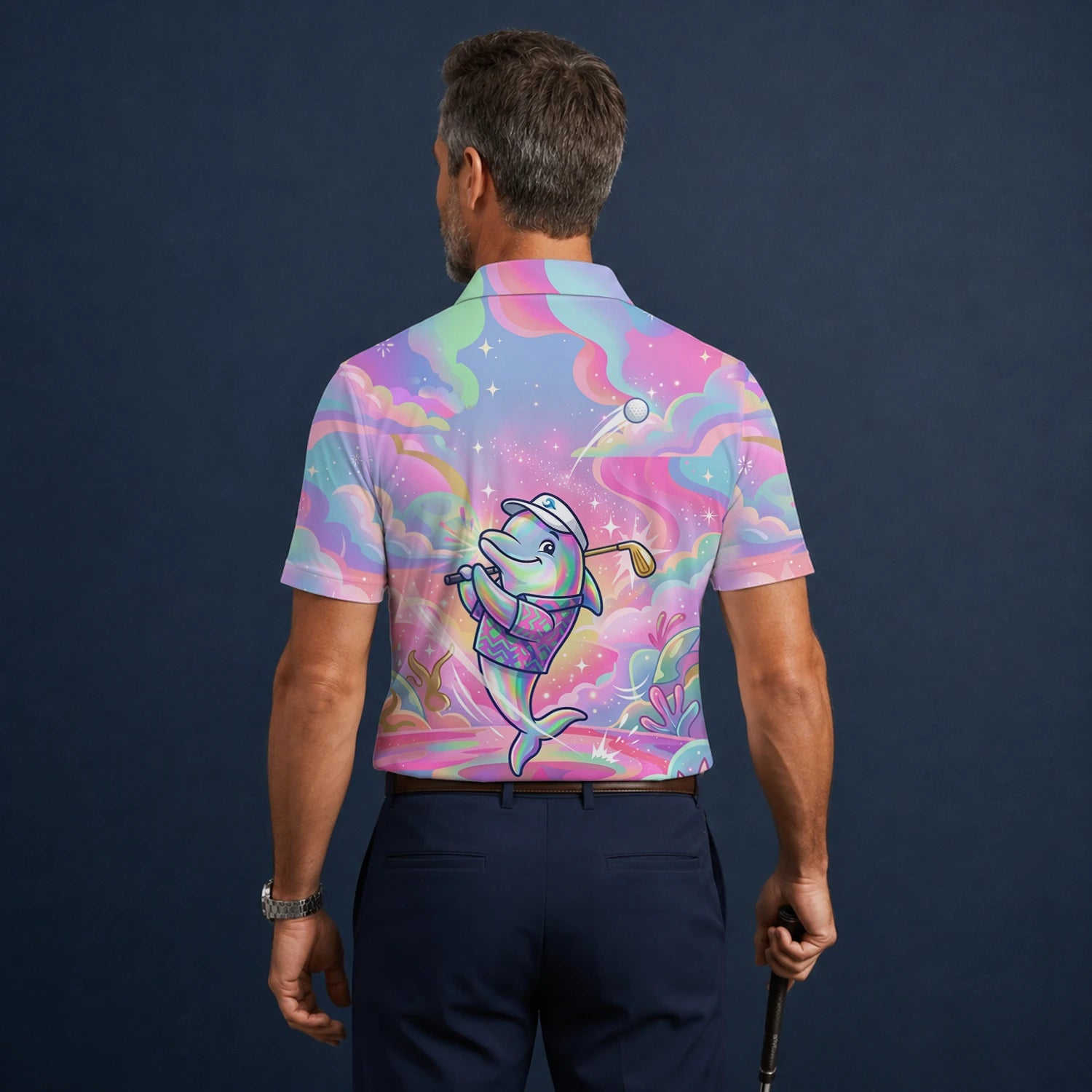 Personalised Pastel Rainbow Dolphin Golfer Cartoon Golf Polo Shirt For Men L3862