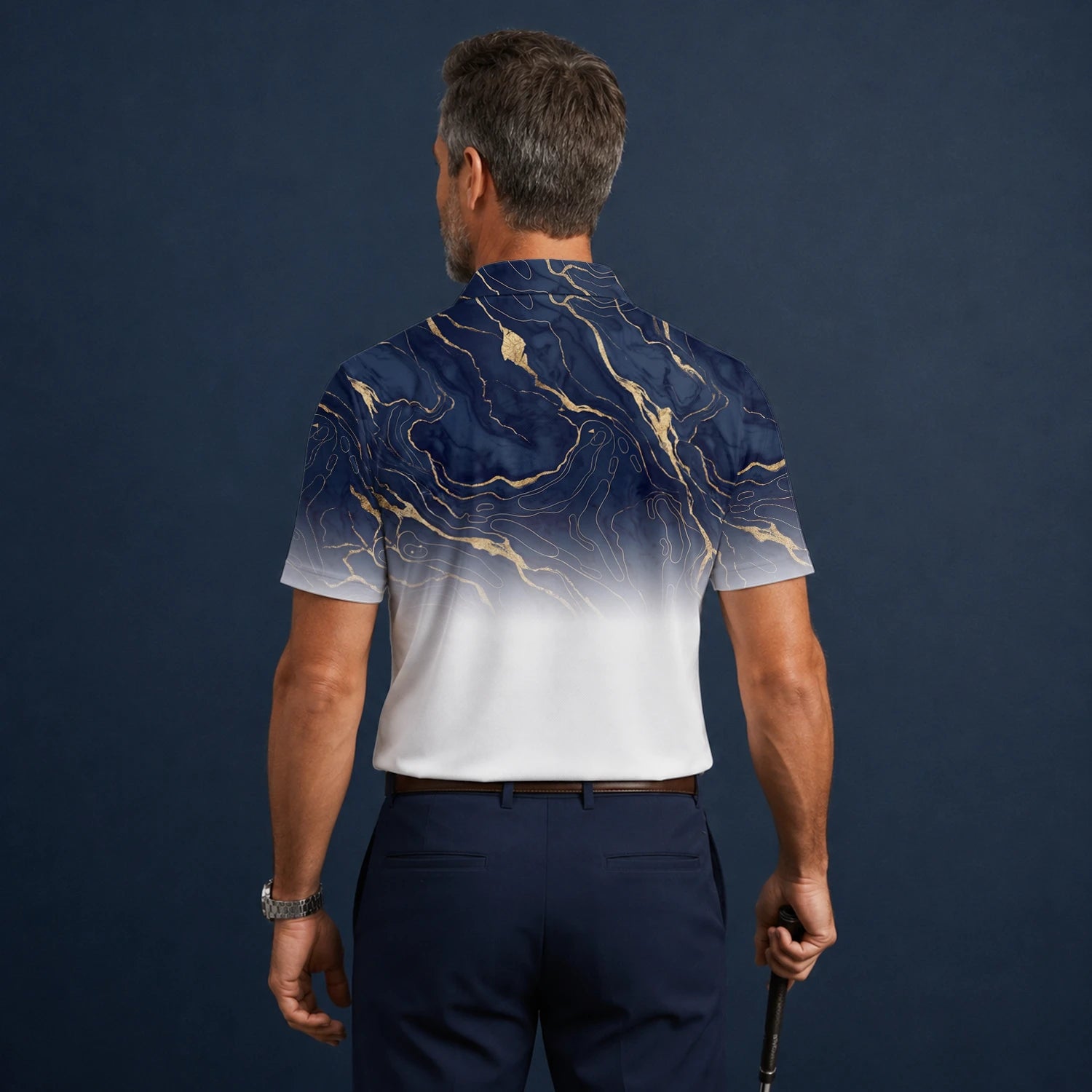 Personalised Navy White Marble Gold Vein Golf Polo Shirt For Men U5613