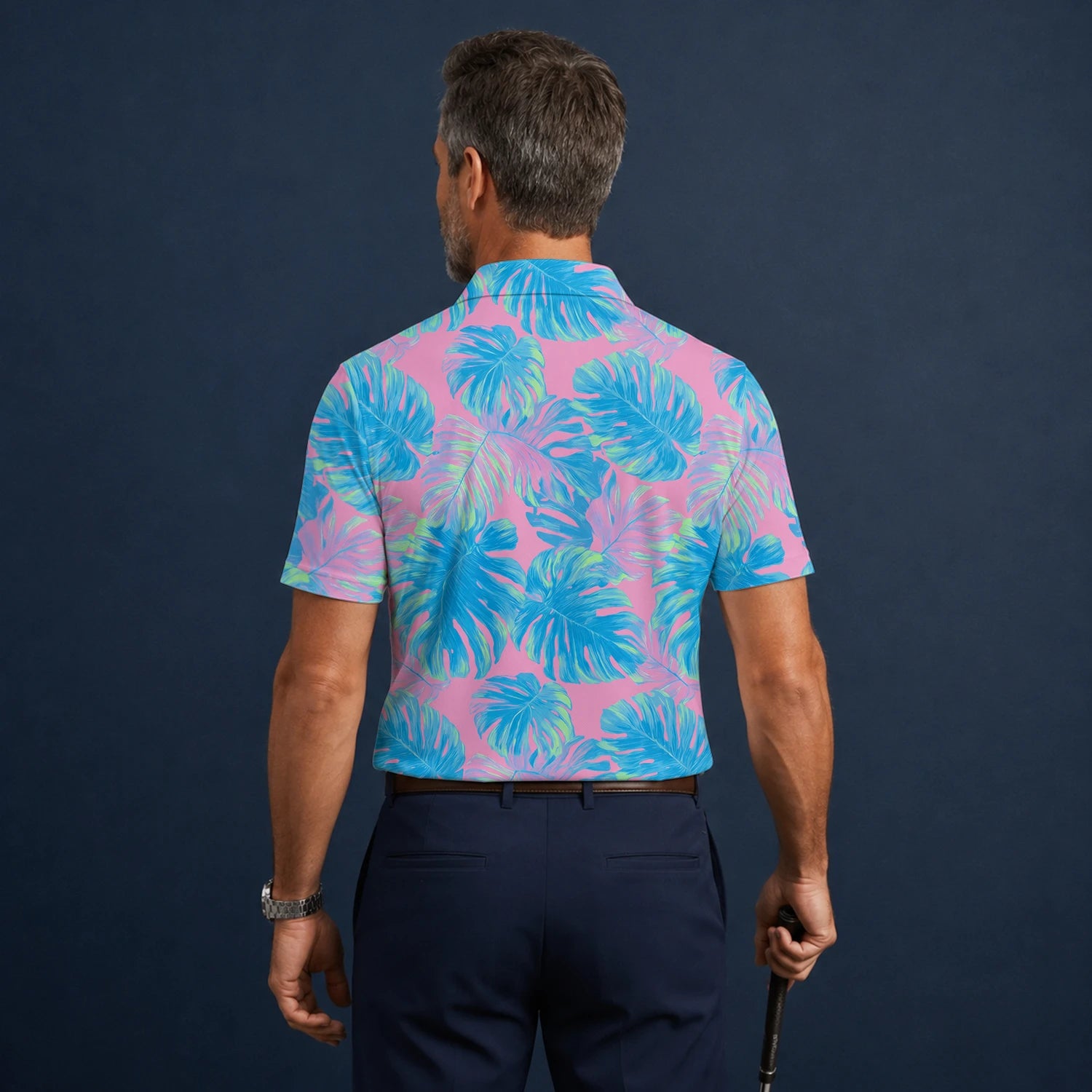 Personalised Pink Turquoise Tropical Monstera Leaf Golf Polo Shirt For Men C8385