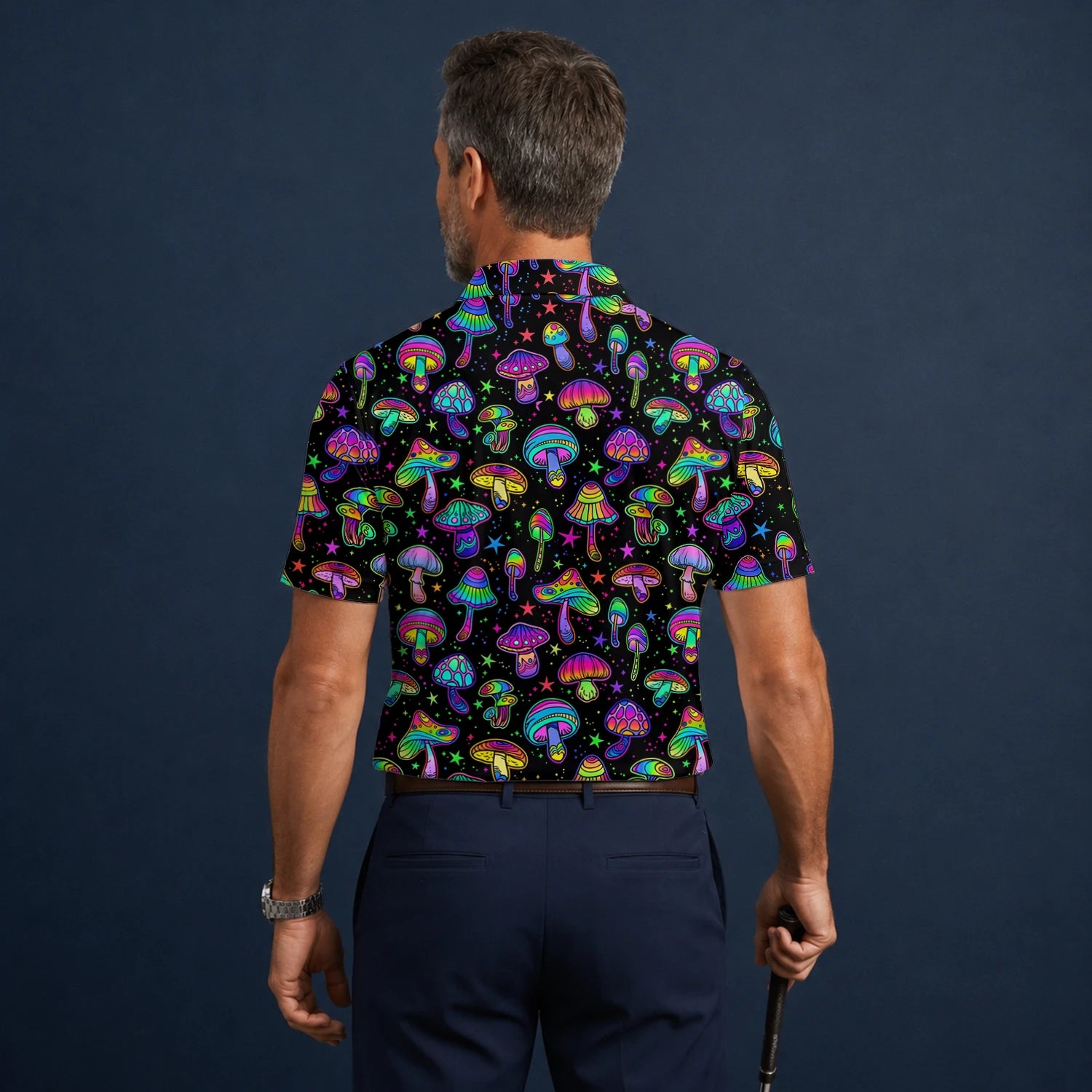 Personalised Black Neon Mushroom Psychedelic Golf Polo Shirt For Men L0182