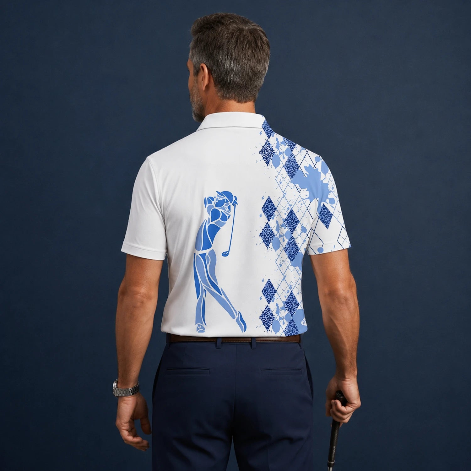 Personalised White Blue Argyle Golfer Silhouette Golf Polo Shirt For Men V2037