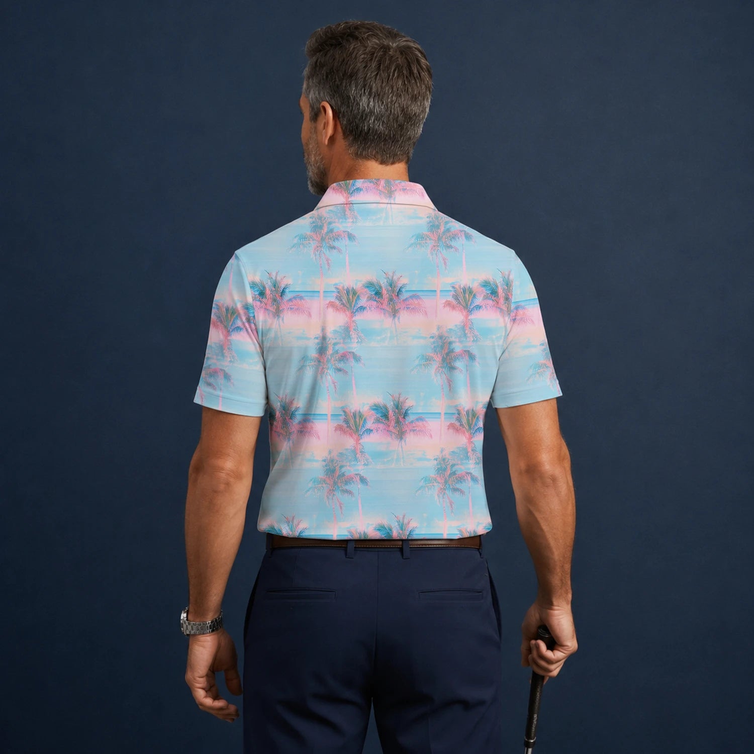 Personalised Pastel Blue Pink Palm Sunset Golf Polo Shirt For Men G4431