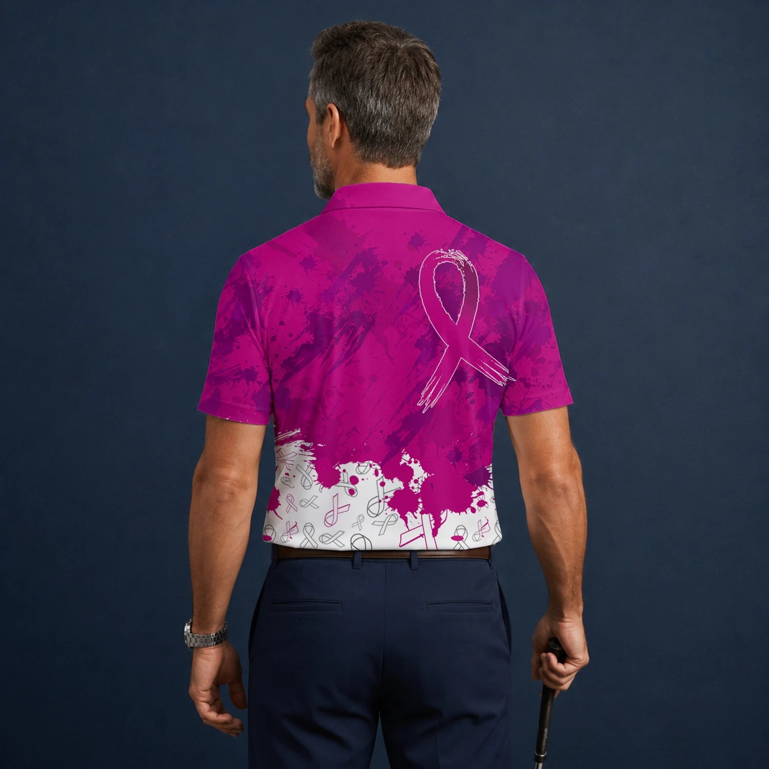 Personalised Magenta Breast Cancer Awareness Ribbon Paint Splash Golf Polo Shirt For Men Q5636