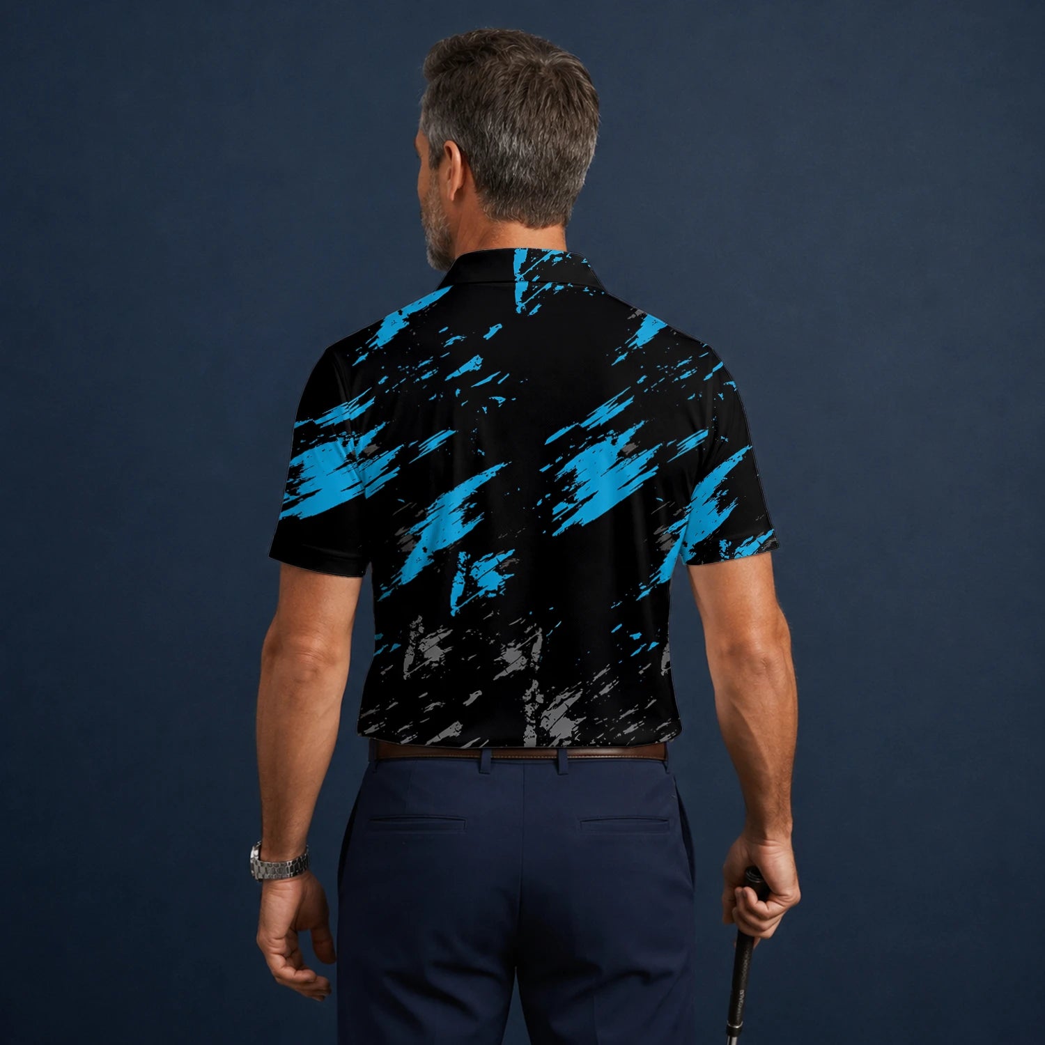 Personalised Black Blue Brush Stroke Golf Polo Shirt For Men H3779