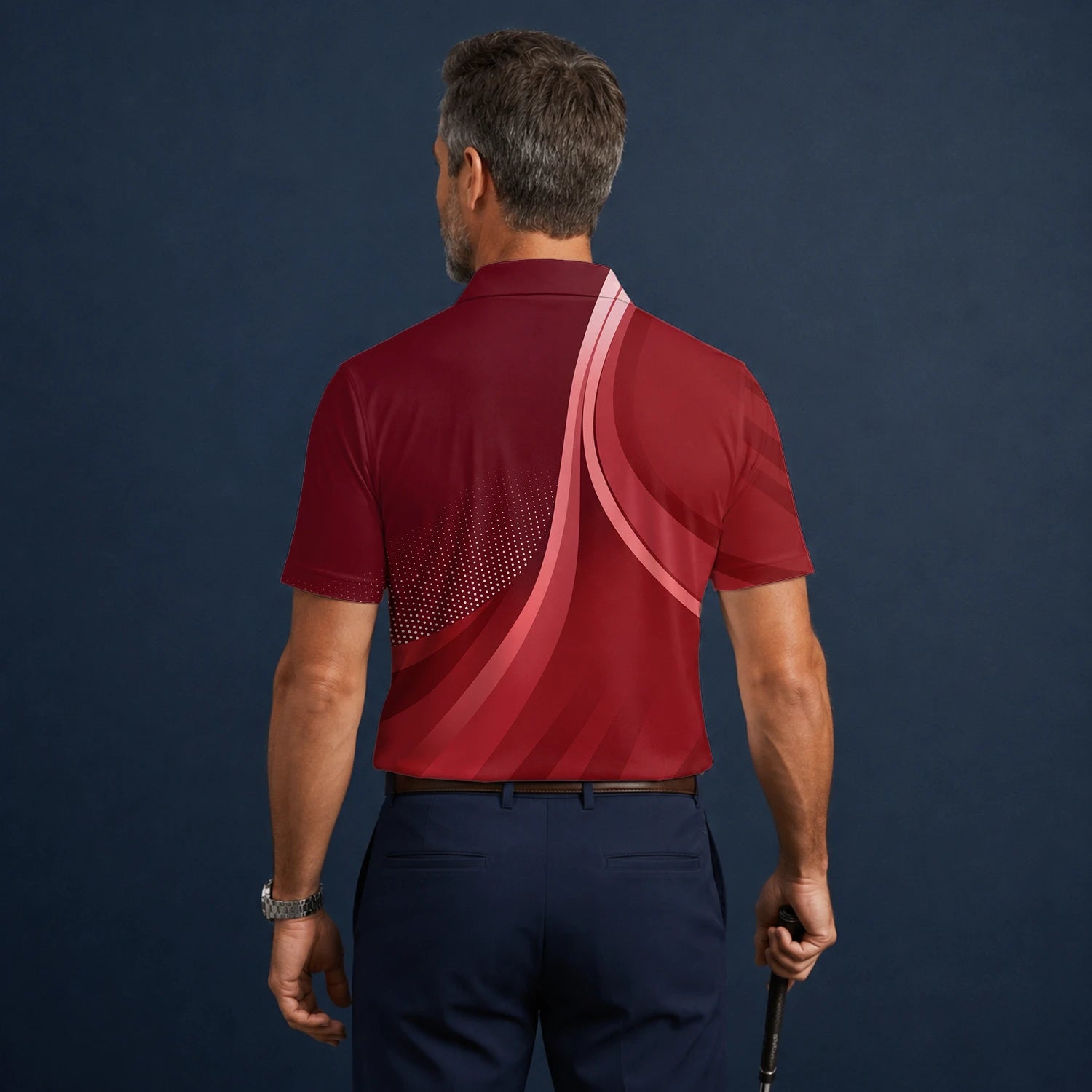 Personalised Burgundy Red Abstract Wave Golf Polo Shirt For Men B4612
