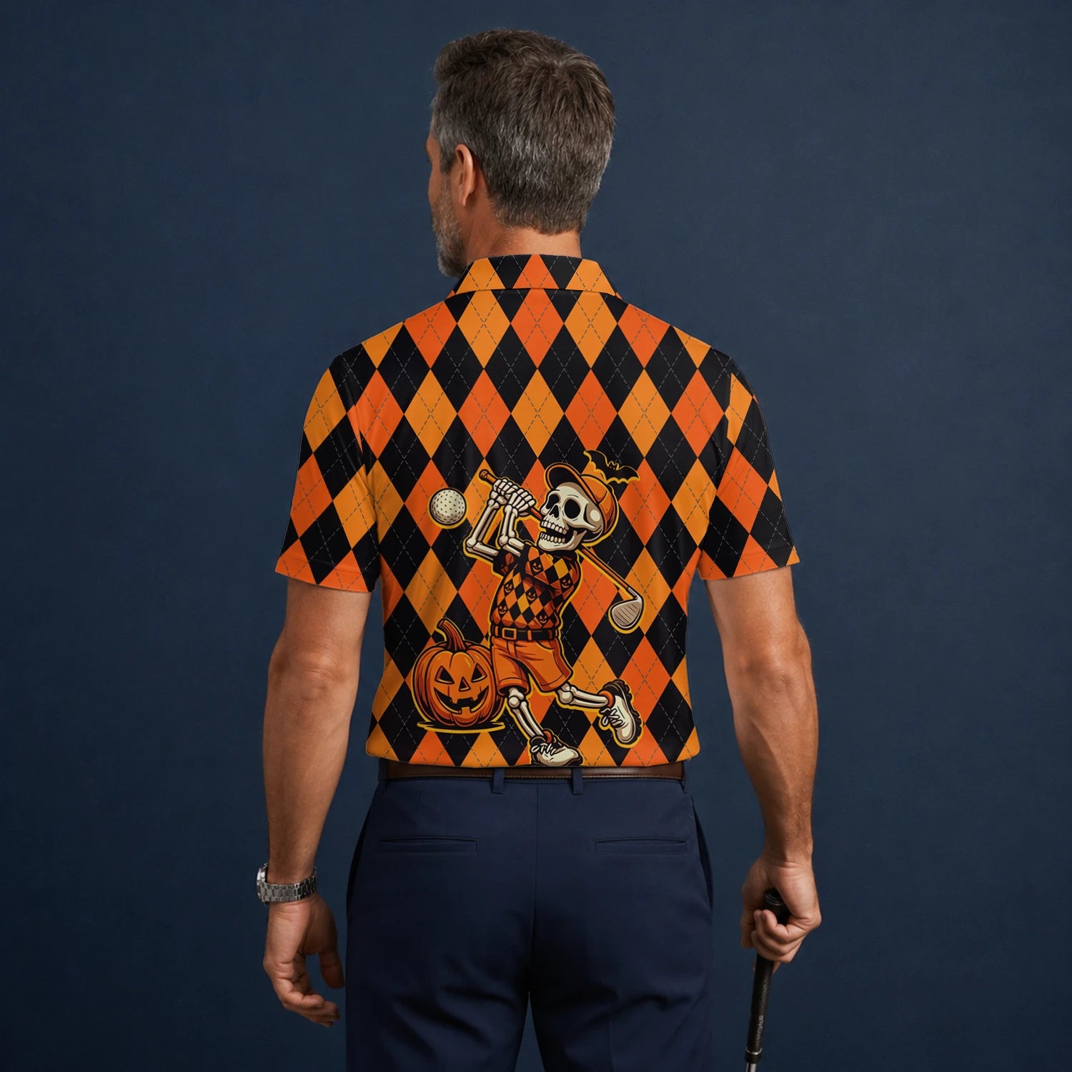Personalised Orange Black Halloween Skeleton Golfer Argyle Golf Polo Shirt For Men I4585