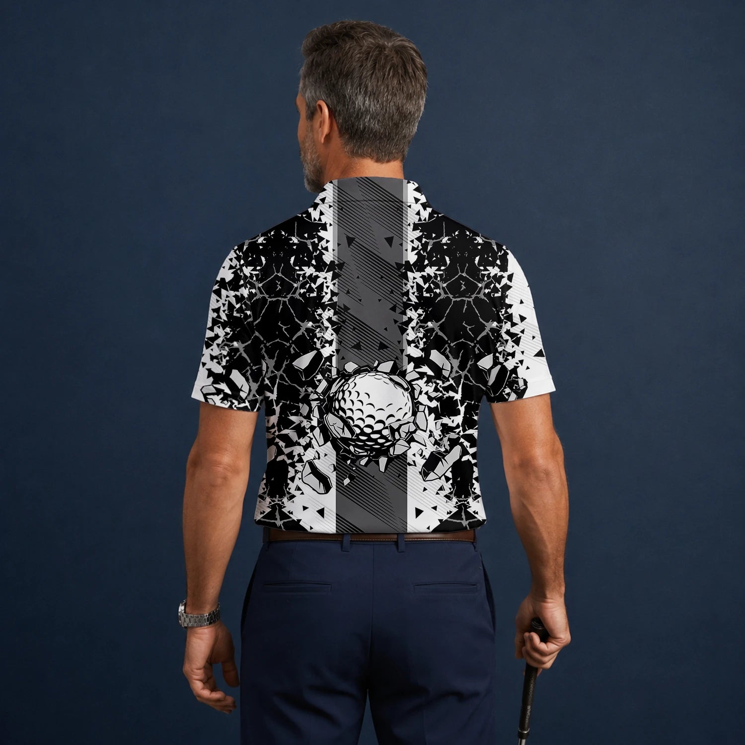 Personalised Black White Golf Ball Shattered Glass Golf Polo Shirt For Men F6407