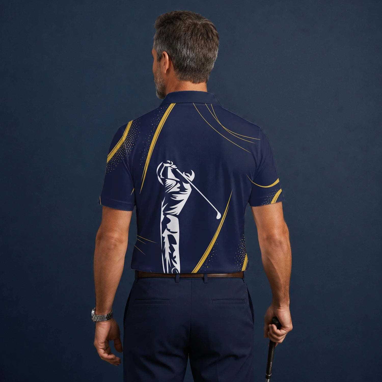 Personalised Navy Gold Golfer Swing Silhouette Golf Polo Shirt For Men A1639