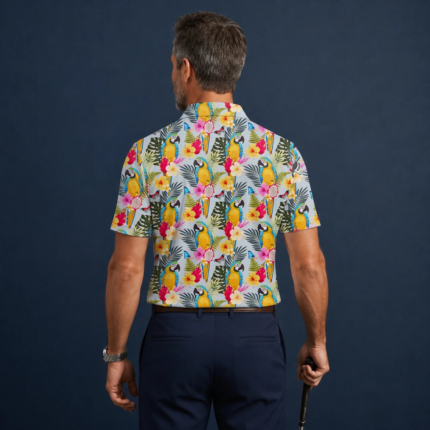 Personalised Cream Yellow Tropical Parrot Hibiscus Golf Polo Shirt For Men V2558