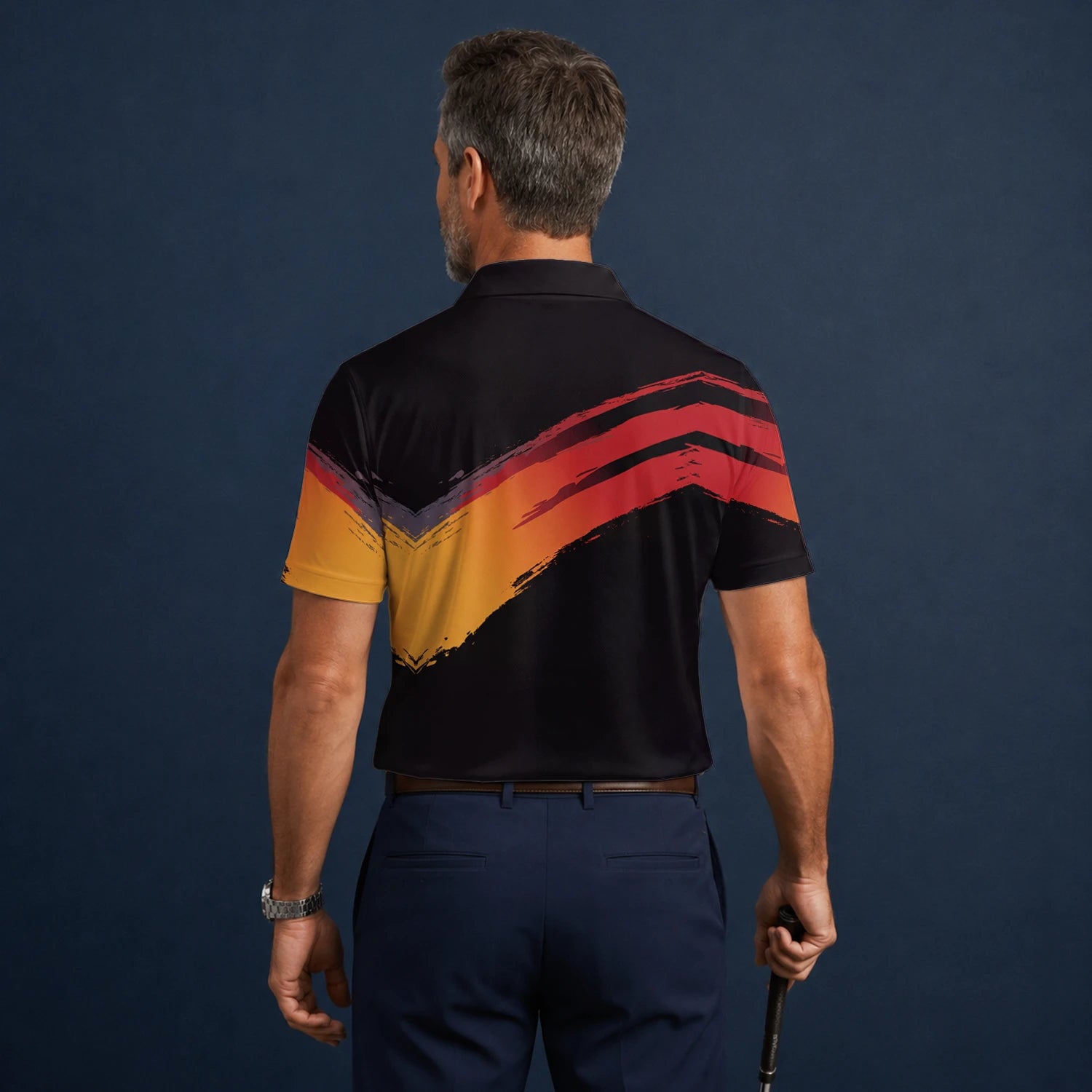 Personalised Black Red Orange Brush Stroke Golf Polo Shirt For Men M6093