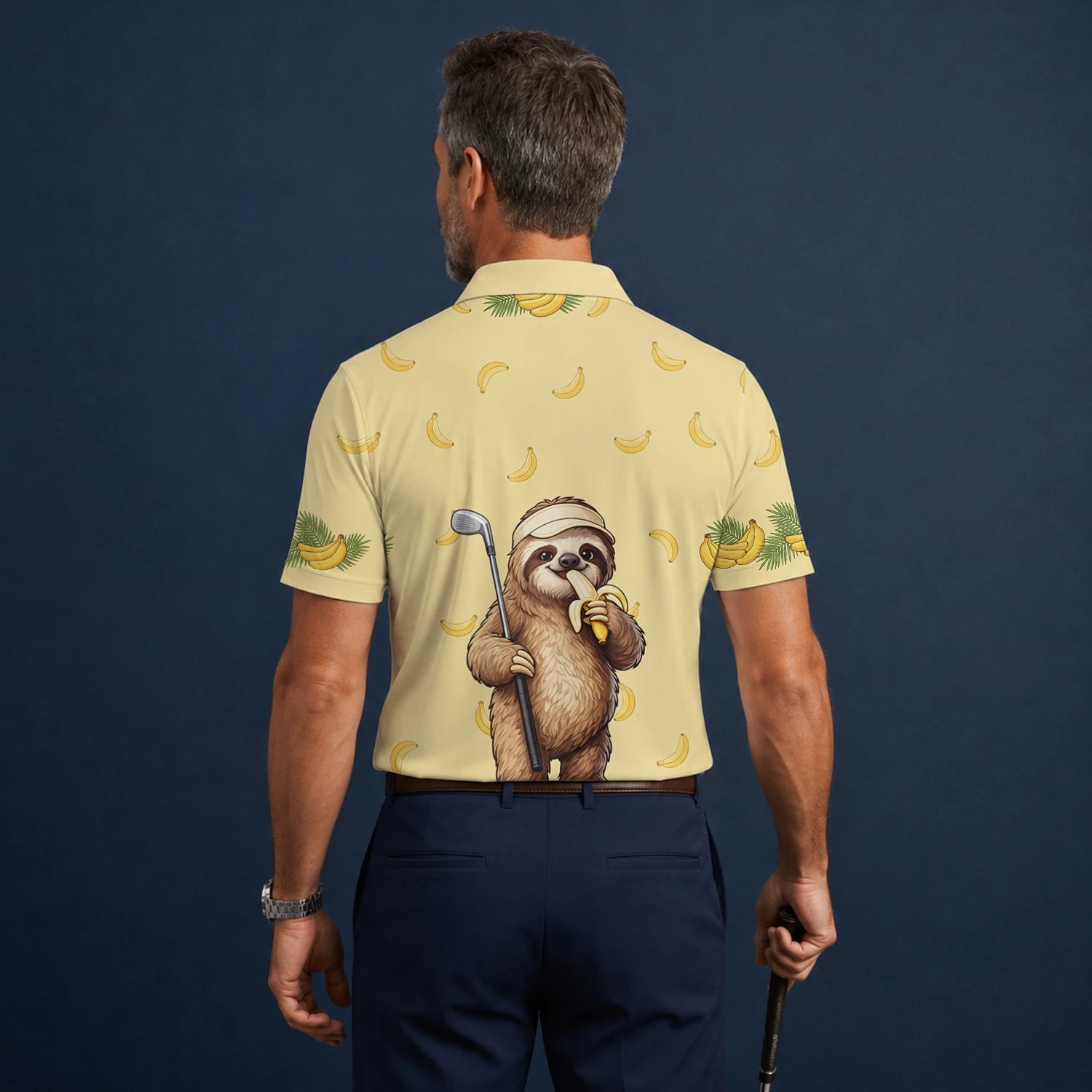 Personalised Pale Yellow Sloth Banana Golfer Cartoon Golf Polo Shirt For Men G3327