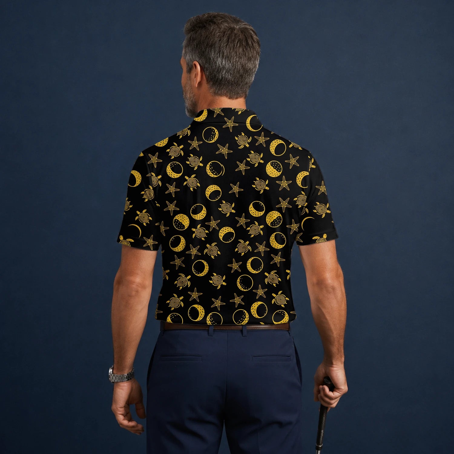 Personalised Black Gold Sea Turtle Moon Star Golf Polo Shirt For Men V4483