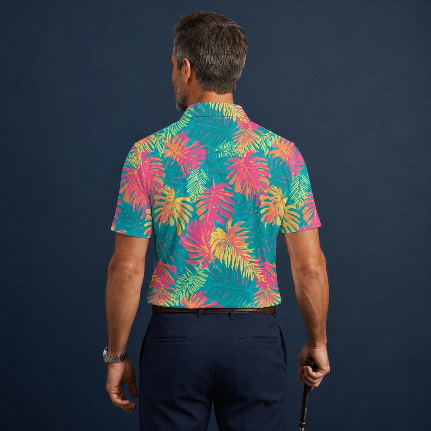 Personalised Teal Coral Tropical Leaf Golf Polo Shirt For Men H8937