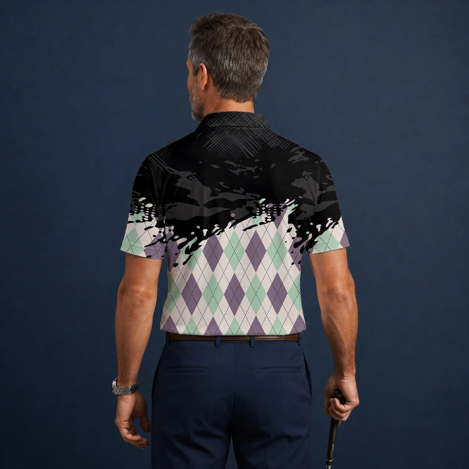Personalised Black Mint Purple Argyle Paint Splash Golf Polo Shirt For Men C5124