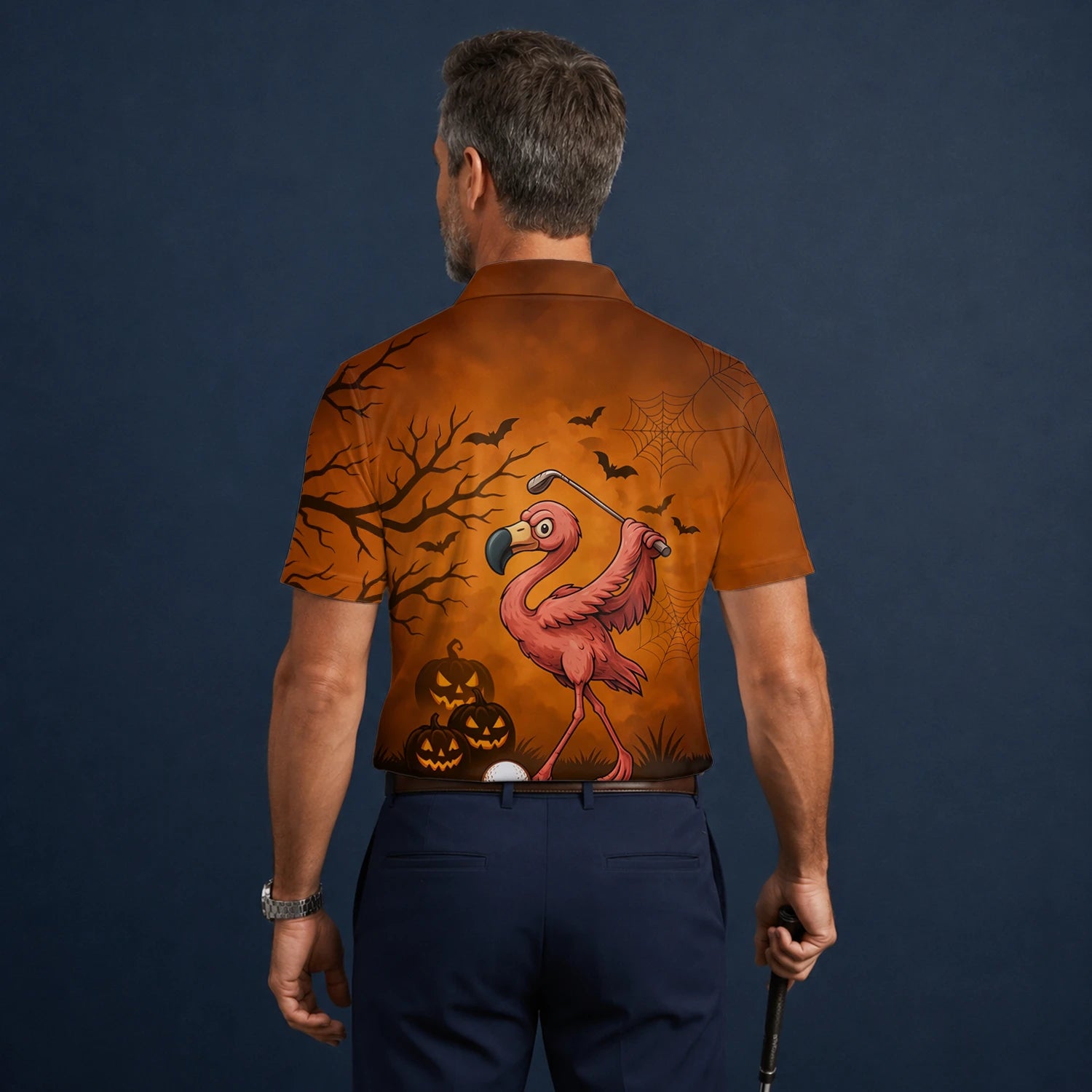Personalised Orange Halloween Flamingo Golfer Pumpkin Golf Polo Shirt For Men V7072