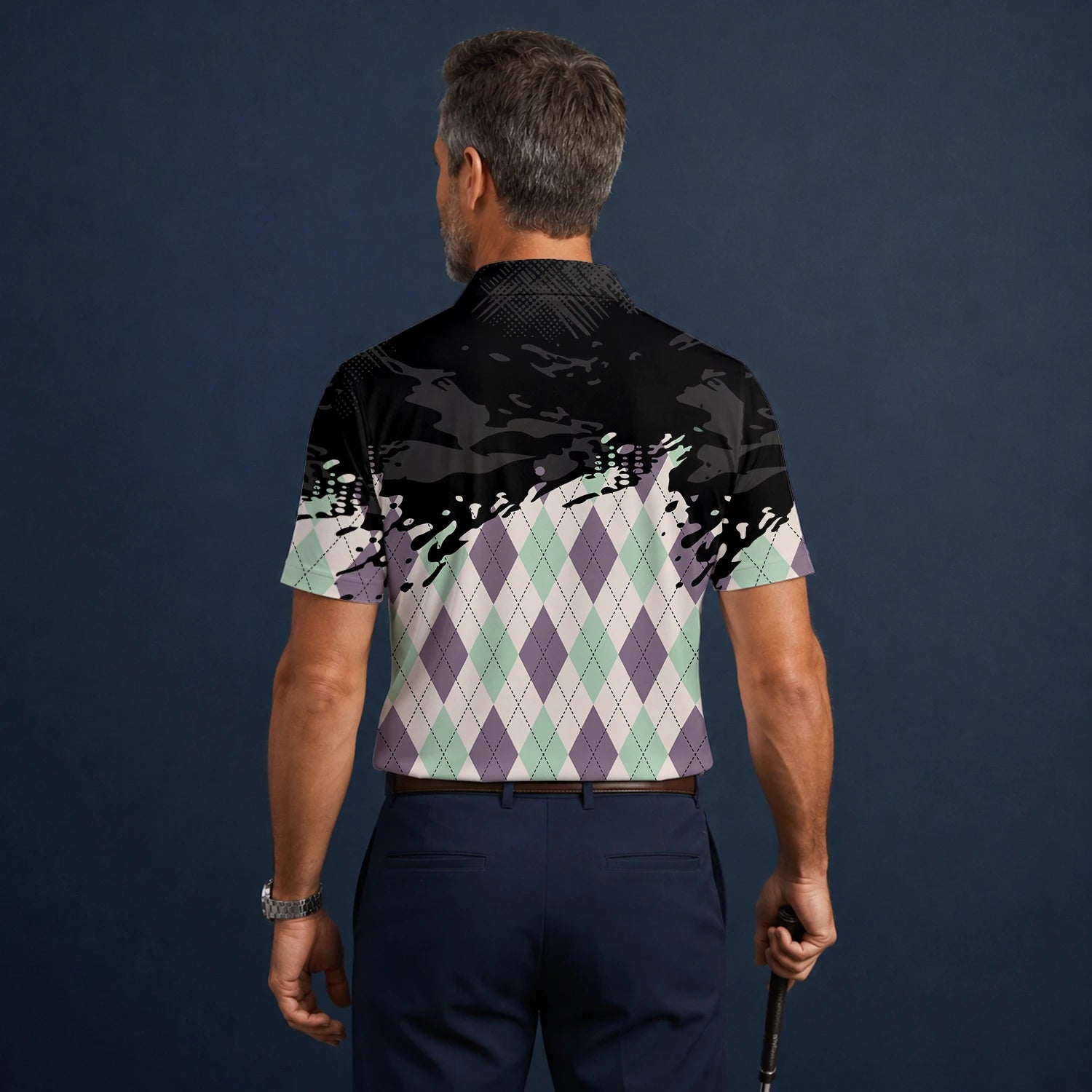 Personalised Black Mint Purple Argyle Paint Splash Golf Polo Shirt For Men C5124