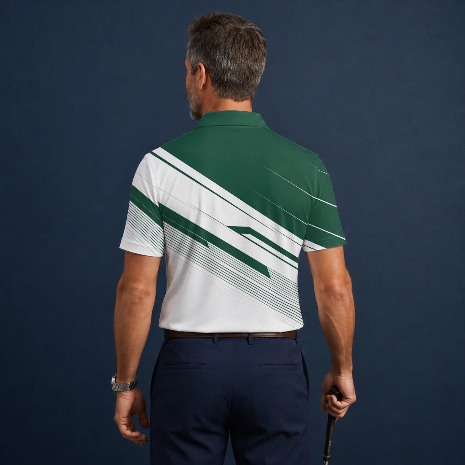 Personalised Green White Abstract Stripe Golf Polo Shirt For Men E5041