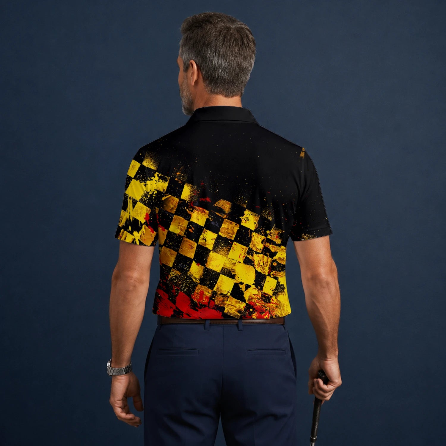 Personalised Black Yellow Red Grunge Checkerboard Golf Polo Shirt For Men R0396