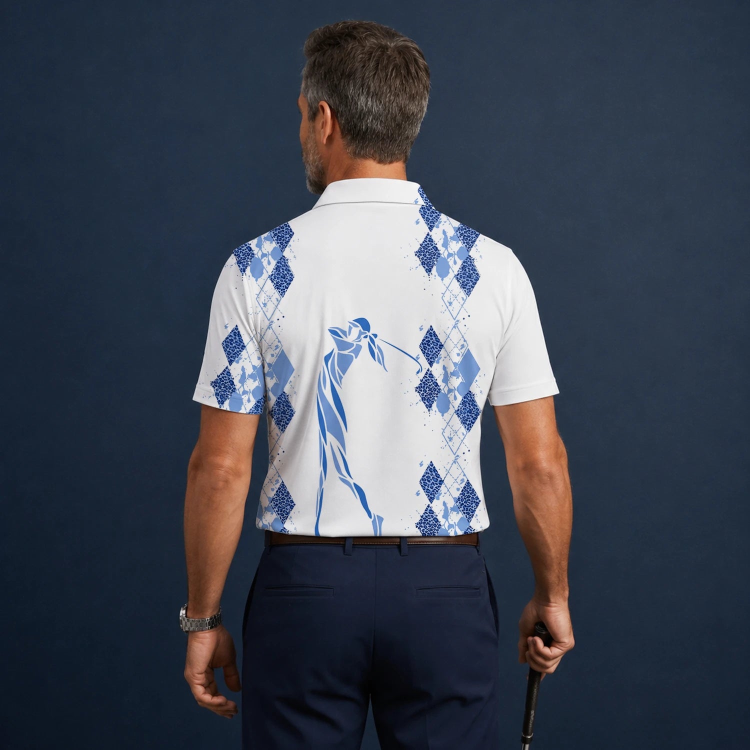 Personalised White Blue Argyle Golfer Silhouette Golf Polo Shirt For Men M6672