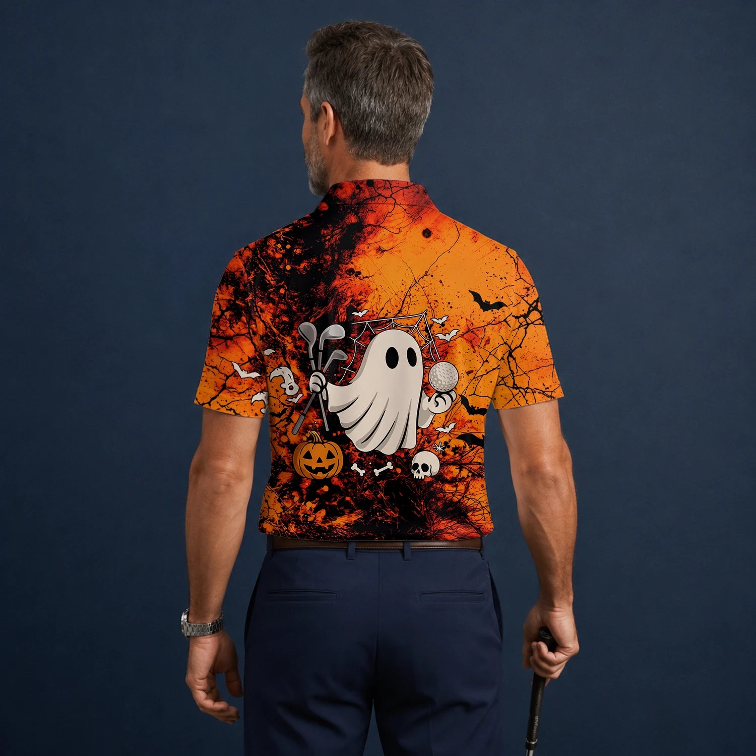 Personalised Orange Halloween Ghost Golfer Golf Polo Shirt For Men M0695