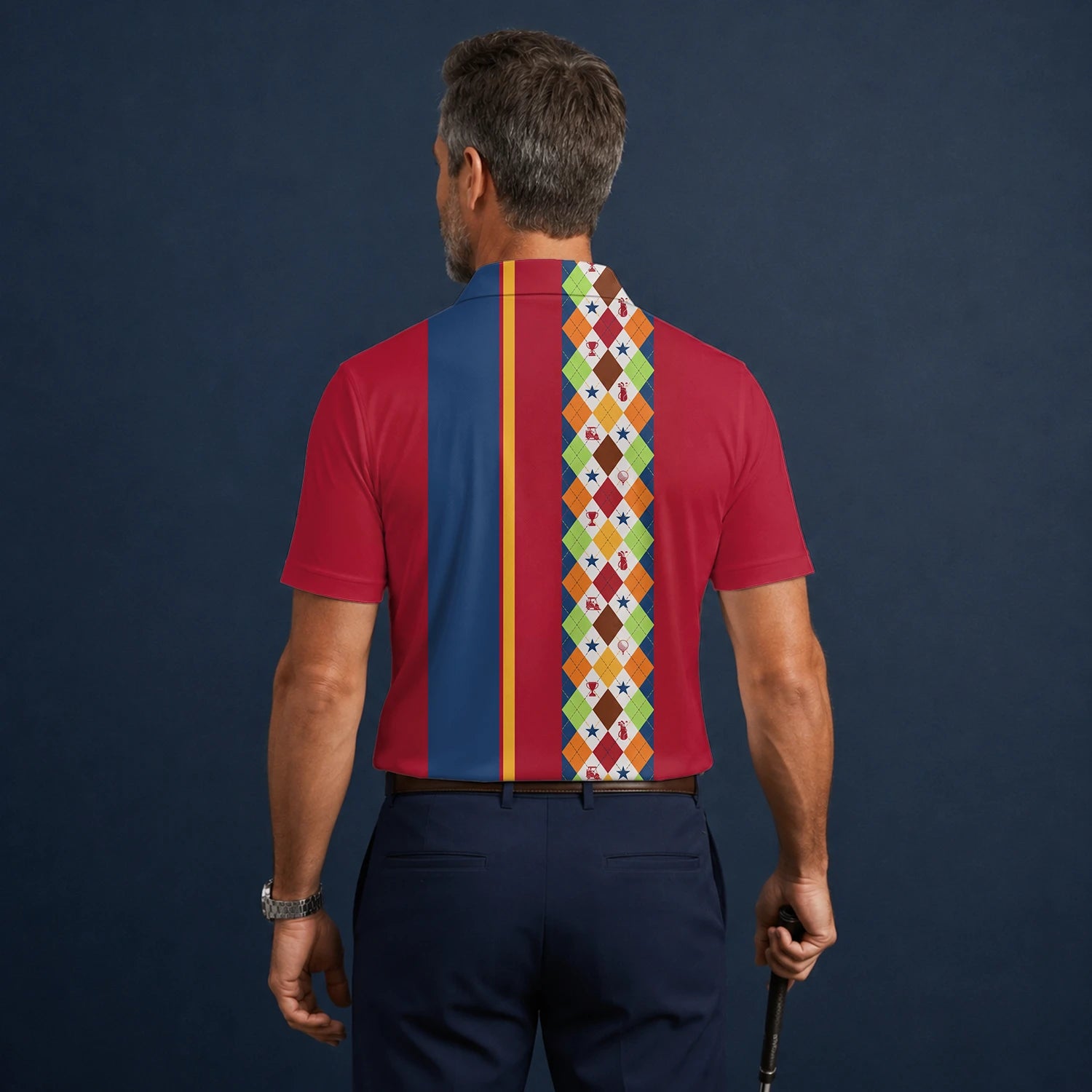 Personalised Red Blue Colourful Argyle Golf Polo Shirt For Men V1769