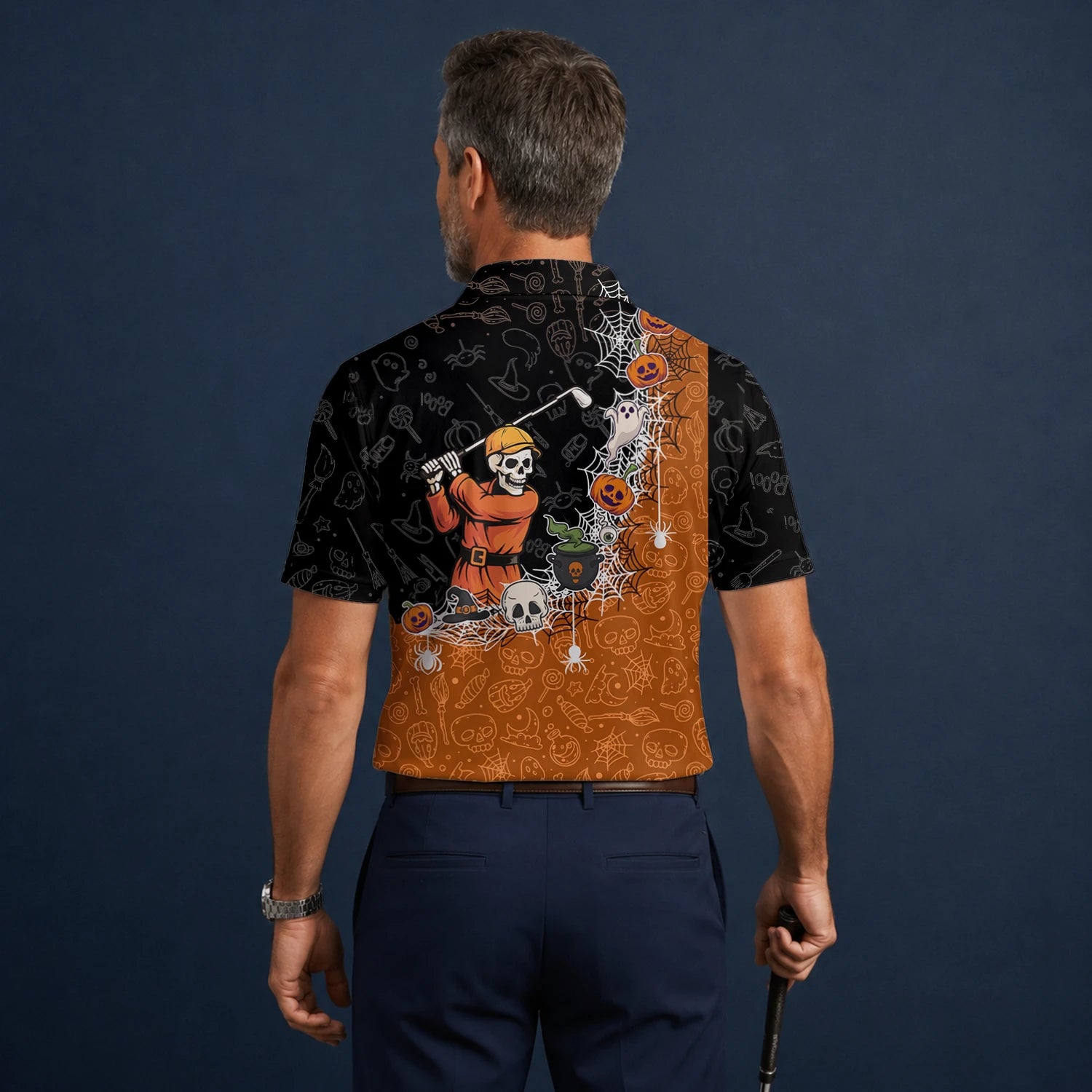 Personalised Black Orange Halloween Skeleton Golfer Web Golf Polo Shirt For Men Y5076
