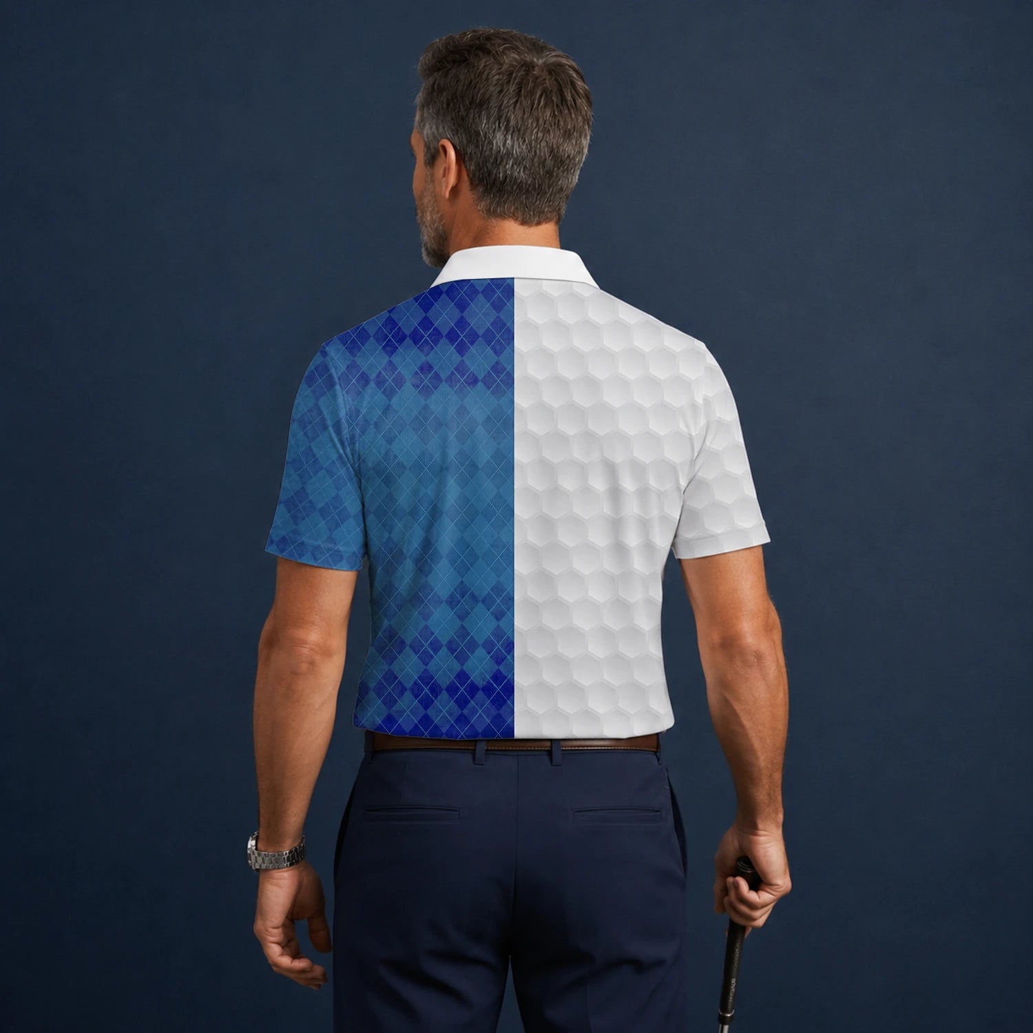 Personalised White Blue Argyle Golf Ball Texture Golf Polo Shirt For Men M9214
