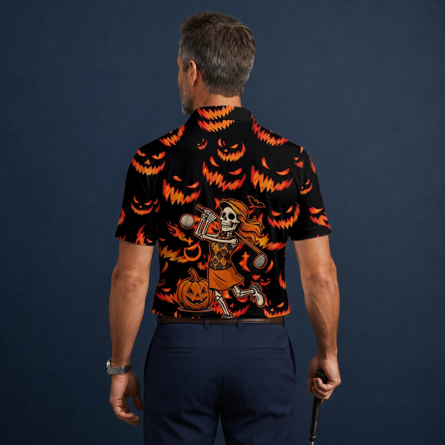 Personalised Black Orange Halloween Skeleton Golfer Pumpkin Golf Polo Shirt For Men N7108