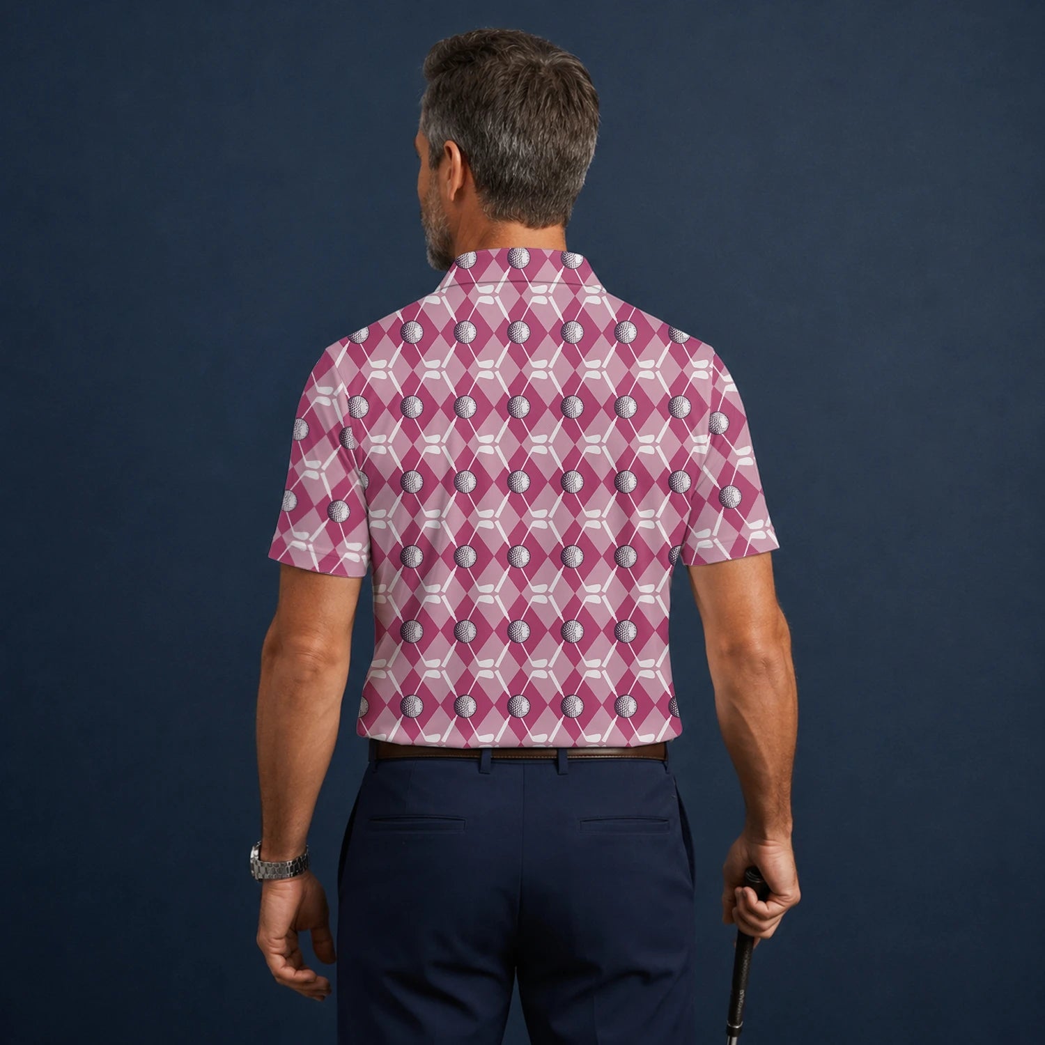 Personalised Pink Argyle Golf Ball Golf Polo Shirt For Men X0000
