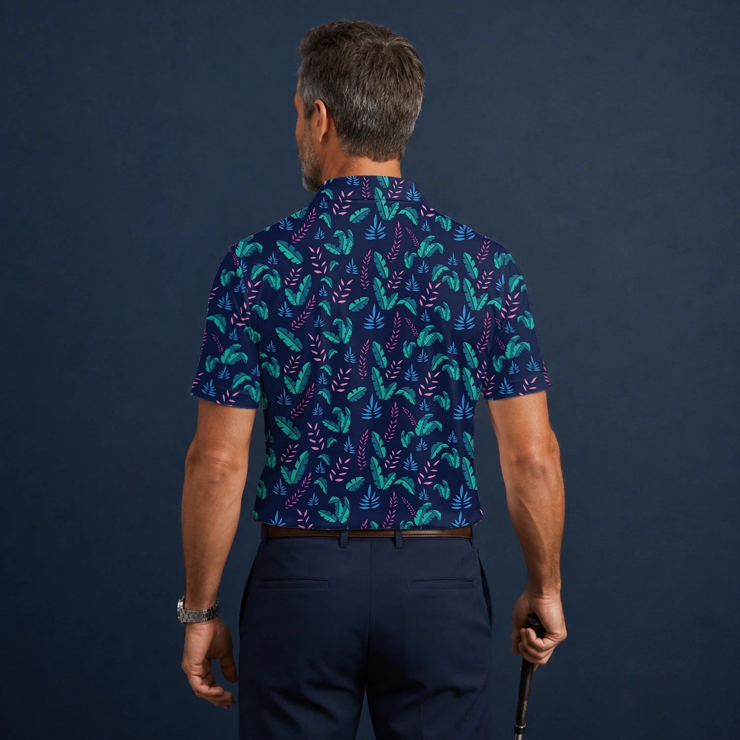 Personalised Navy Teal Tropical Leaf Golf Polo Shirt For Men S8145