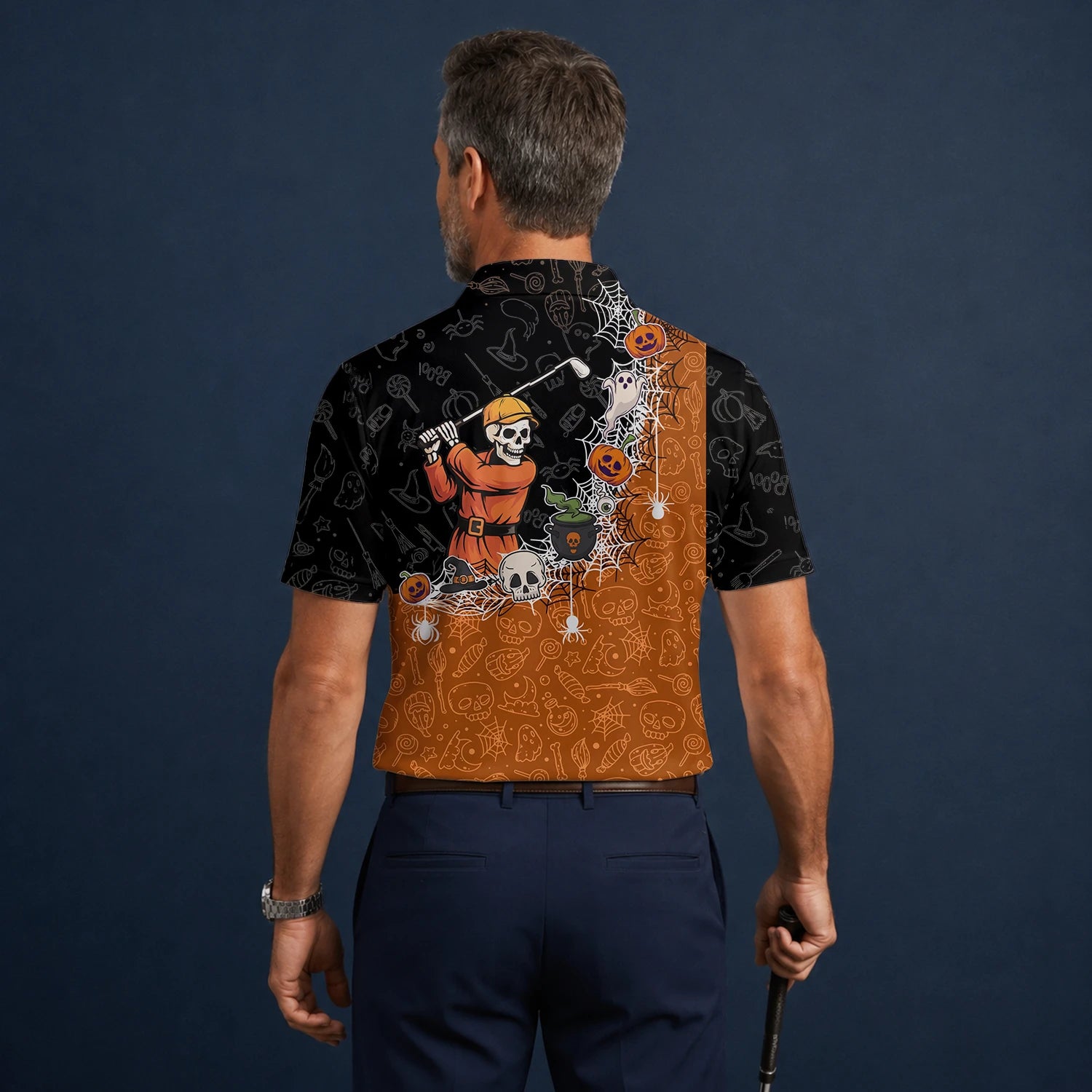 Personalised Black Orange Halloween Skeleton Golfer Web Golf Polo Shirt For Men Y5076