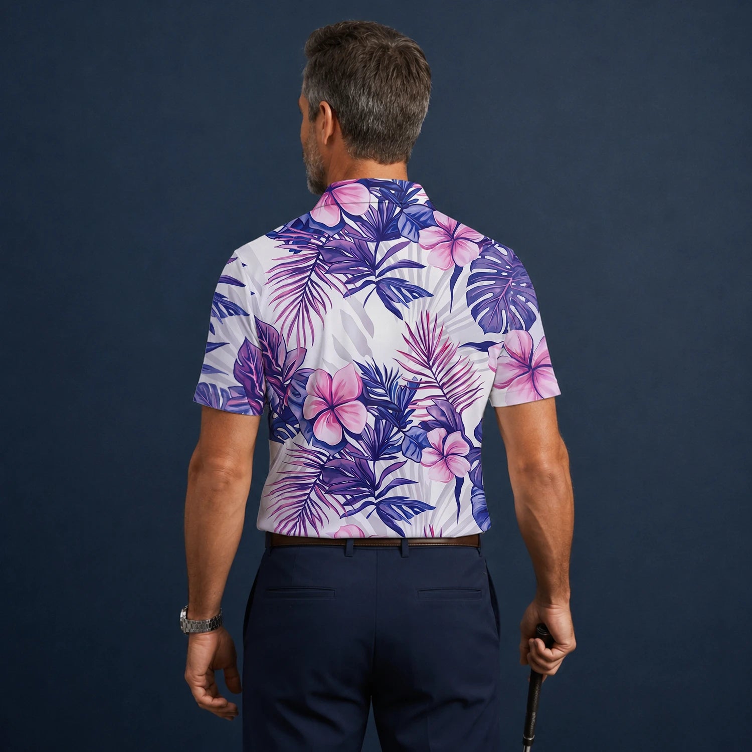 Personalised White Purple Tropical Hibiscus Leaf Golf Polo Shirt For Men H1054