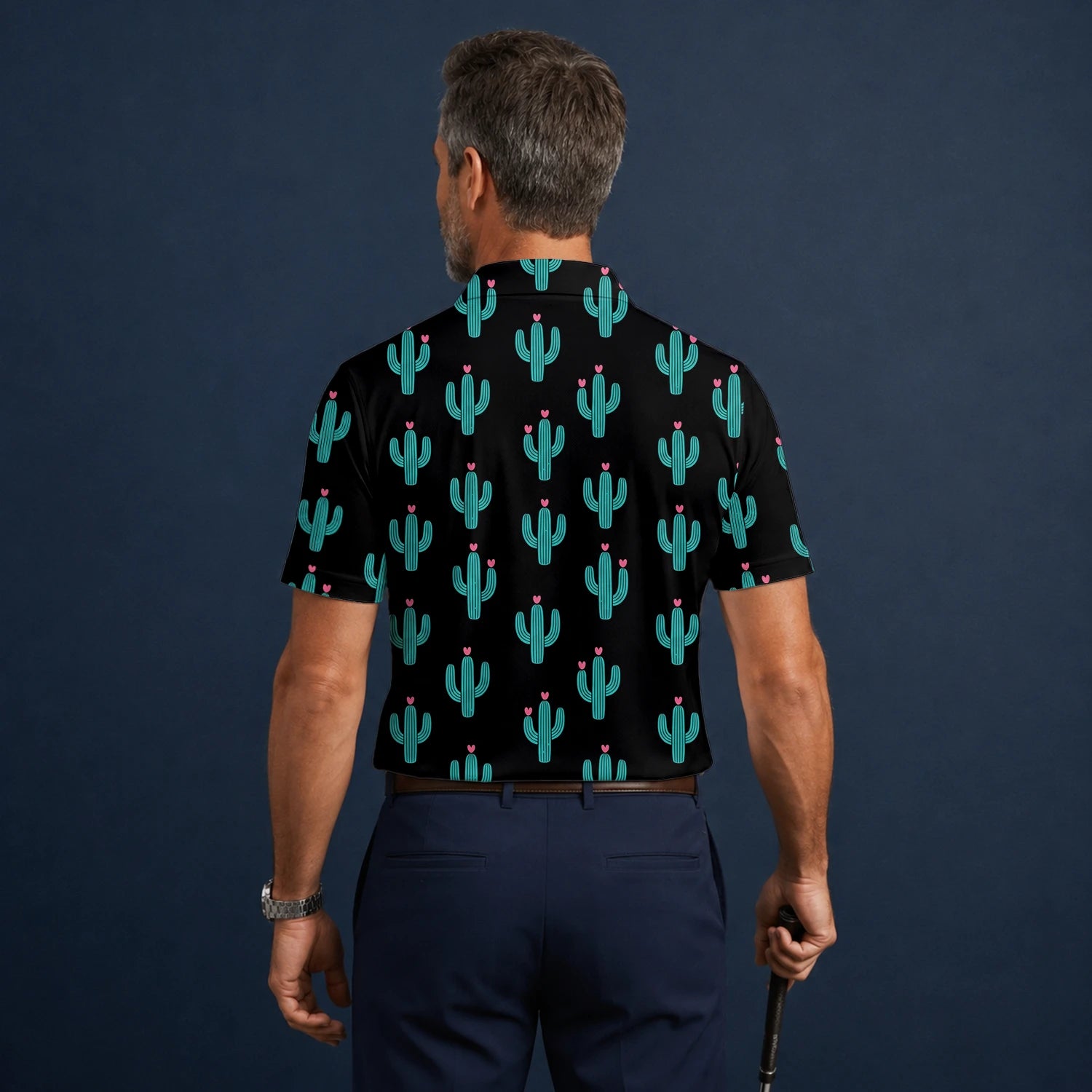 Personalised Black Turquoise Cactus Heart Golf Polo Shirt For Men L0709